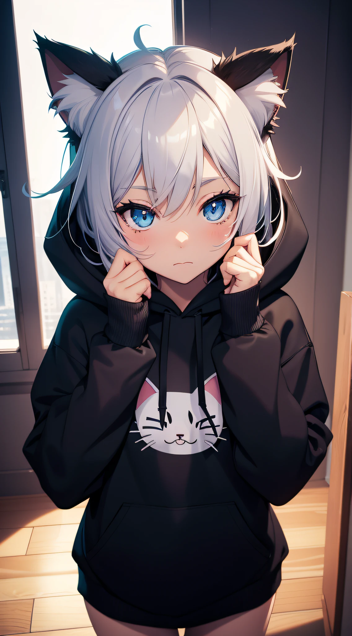 catgirl, 1gir, cat ears, ((cute)), masterpiece, best quality, perfect face, hoodie, hood, looking up, high angle, smal, furr, cozy, warm, window, night, long hoodie, no_pants, 4k, wallpaper, close up, digital art, anime style, beautiful eyes, intimate