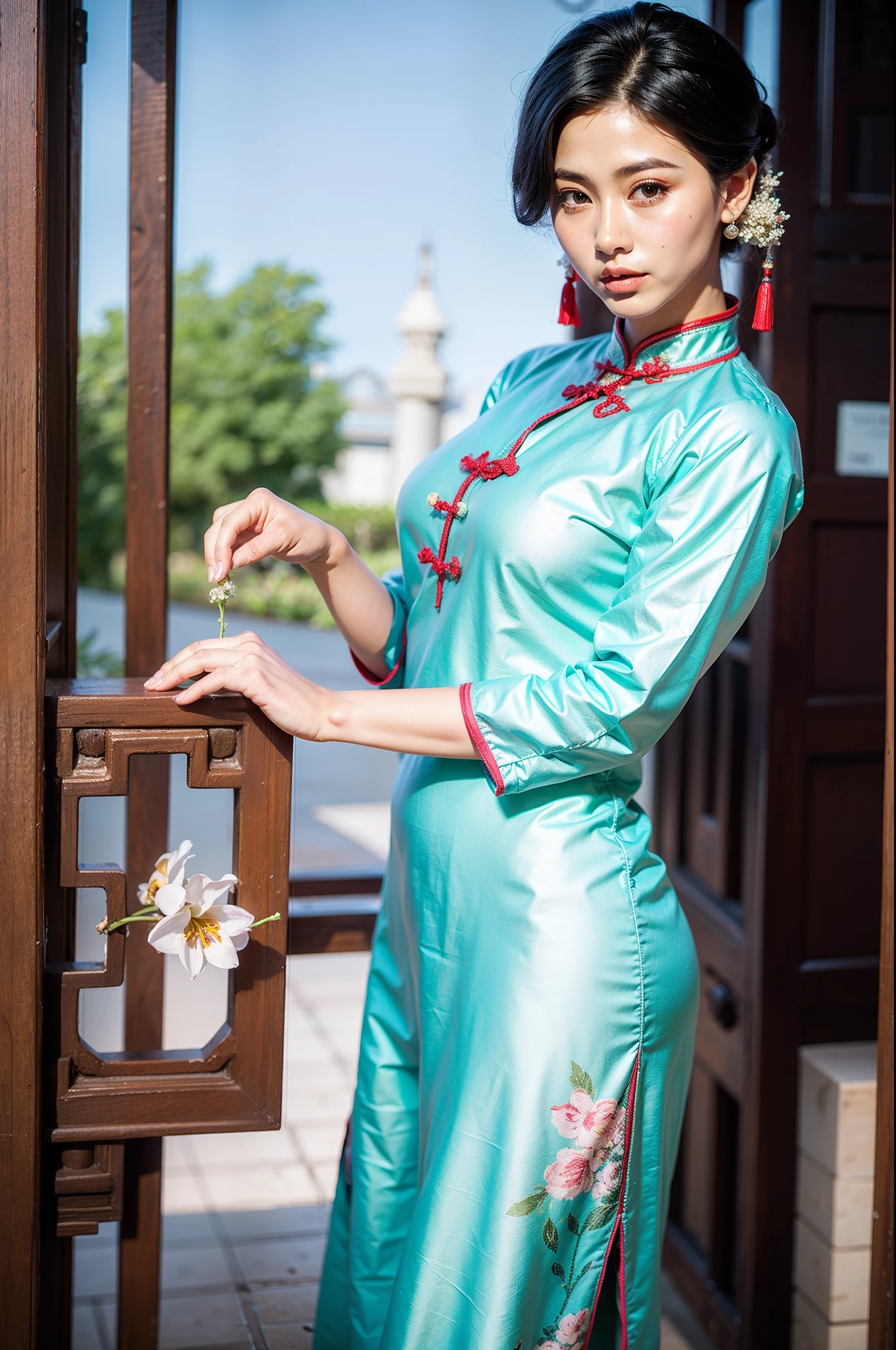 Beautiful Iranian  in tight silk qipao, large breasts,