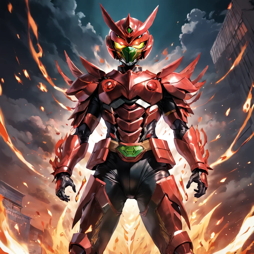 Kamen Rider,Helmet in the shape of locust elements,Closed face shield,red colour,Flame element,Faust,the Chinese character "firey" in the middle of Kamen Rider's Belt,full-body shot,Yugioh artwork, top-quality, tmasterpiece, A high resolution