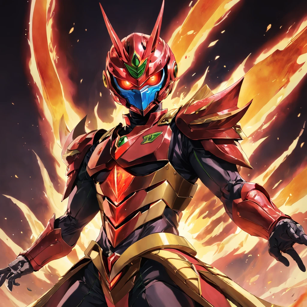 Kamen Rider,Helmet in the shape of locust elements,Closed face shield,red colour,Flame element,Faust,the Chinese character "firey" in the middle of Kamen Rider's Belt,full-body shot,Yugioh artwork, top-quality, tmasterpiece, A high resolution