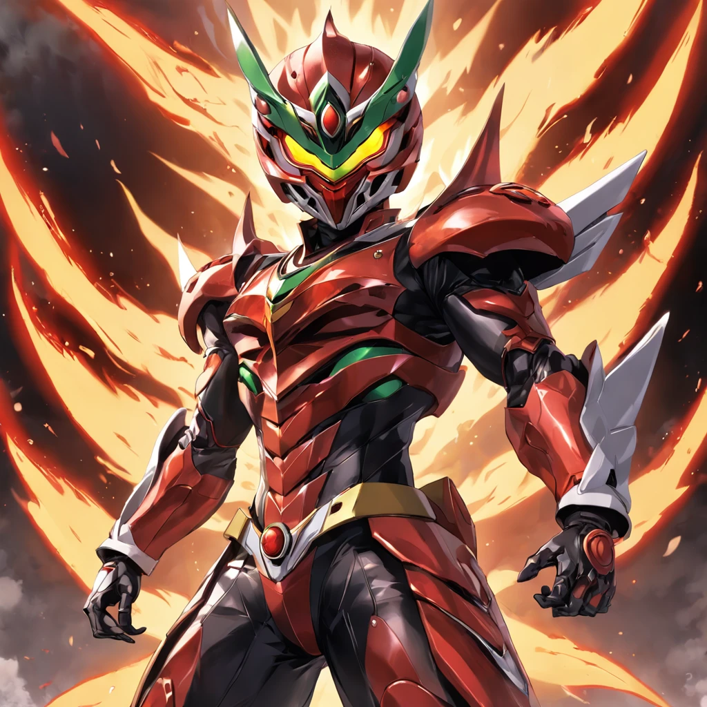 Kamen Rider,Helmet in the shape of locust elements,Closed face shield,red colour,Flame element，Faust，the Chinese character "firey" in the middle of Kamen Rider's Belt，full-body shot，Yugioh artwork, top-quality, tmasterpiece, A high resolution