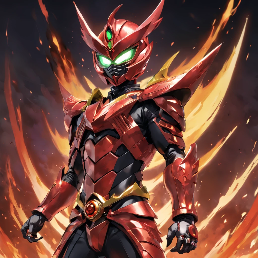 Kamen Rider,Helmet in the shape of locust elements,Closed face shield,red colour,Flame element,Faust,the Chinese character "firey" in the middle of Kamen Rider's Belt,full-body shot,Yugioh artwork, top-quality, tmasterpiece, A high resolution