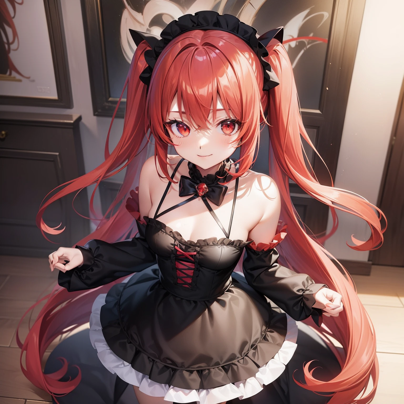 Anime filling,Two-dimensional illustration,Red hair,Half Twin Tail,shorth hair,Big eyes,A smile,a beauty girl,cute little,Super Cute,Black cat ears,Red Eyes,Ruffled Clothes,Black lace clothes,Inner colorGreen,One girl,Full body painting,A masterpiece of 2D art,(masterpiece,Top image quality:1.3),(detaile:1.2),(1人),Standing picture
