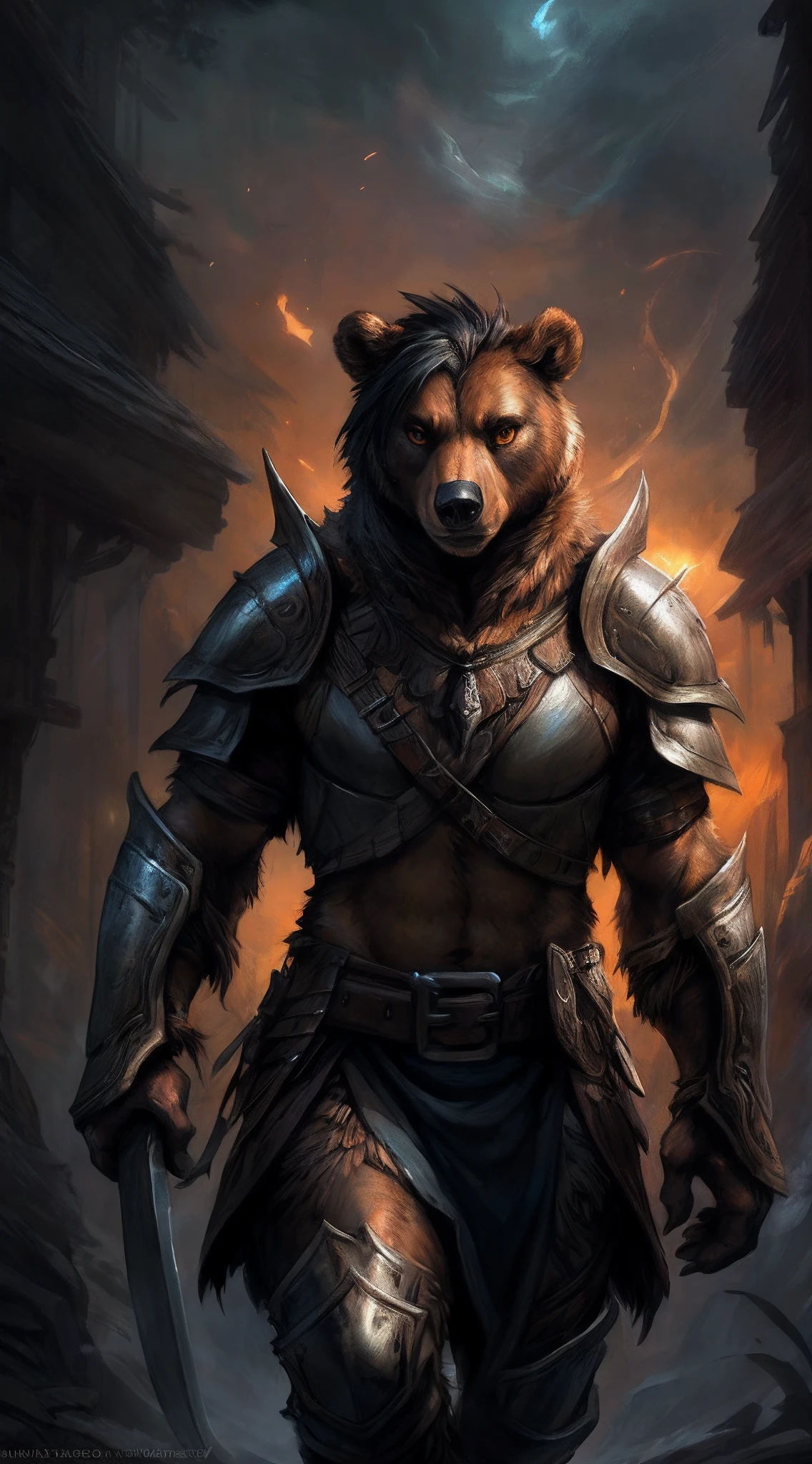 Kenket, ross tran, ruanjia, bonifasko, Powerful male bear warrior (Wandering savages), Solo, Holding a long flash machete,Alone, Powerful, Unbelievably great, Orange eyes, Large black hair, fantasy portrait, Fine brown medieval leather armor, intricatedesign, Silk, Cinematic lighting, 4K,