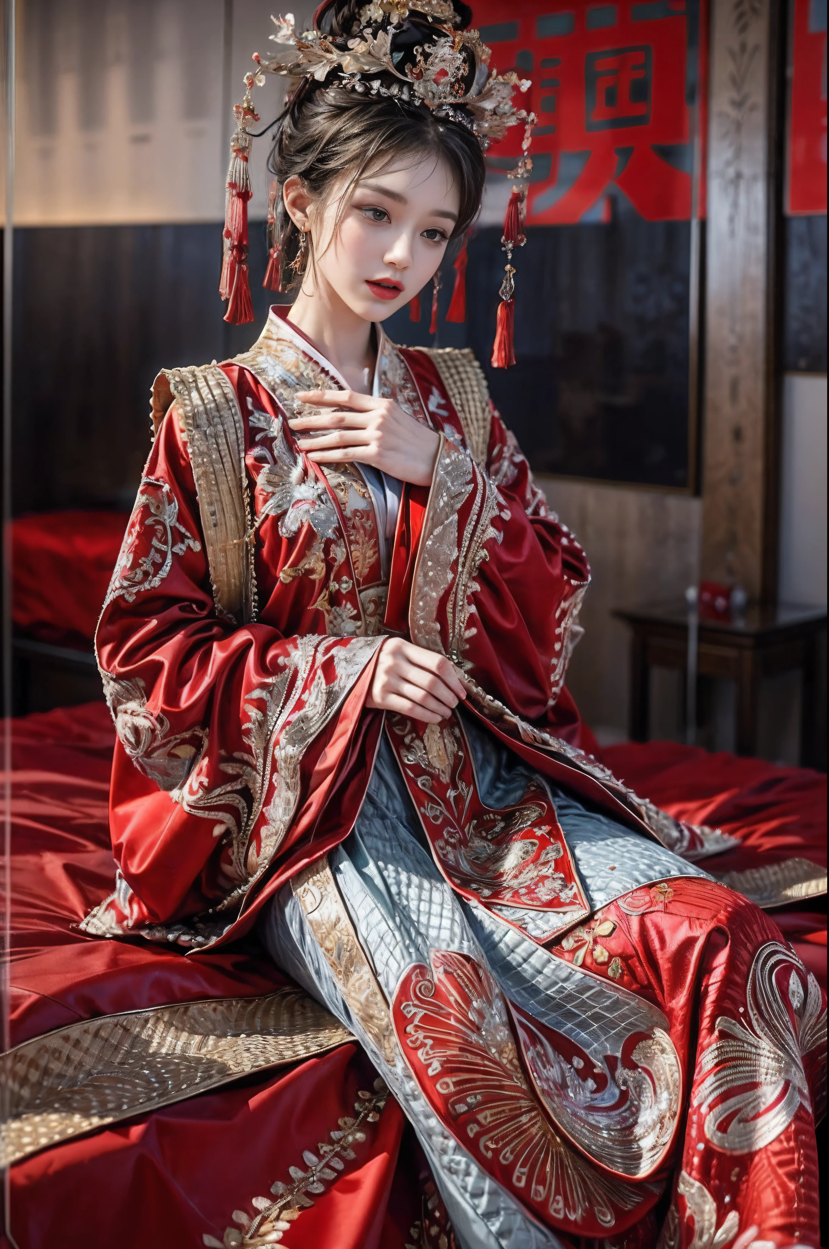 （Ultra-realistic 8K CG：1.2），Perfect artwork，delicate patterns，Complicated details，Heavy makeup，（Unbeatable masterpiece，Best quality at best：1.2），（extremly intricate：1.2），A woman in a red and gold dress，（Bare legs），Sexual temptation，Teasing expressions，Lift up your skirt，Sleeping on the Bed，Phoenix crown，hair stick，（sitting on red bed），cosmetics，Be red in the face，is shy，black_Hair，looking-down，cosmetics，（forehead dot），（2 red candles），Chinese_clothes，窗帘，耳Nipple Ring，Hair_decorations，Hanfu，inside in room， jewely，rednails，Long_Sleeves，reddress，Redlip，nipple tassels，（Red quilt），（red palace：1.2），（Chinese Ancient Architecture），（rot：1.8），natta