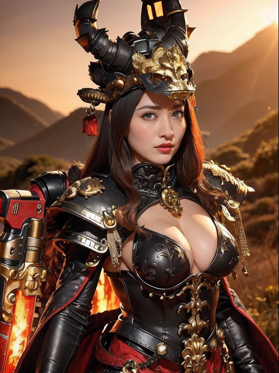 Professional , masterpiece、top-quality、photos realistic , depth of fields (Gemstone Black Metal Body:1.9),(Enamel Black、(cleavage of the breast)、(Chinese Dragon)、Mystical expression、Dragon Gold Weapon(Dragon Metal Body:1.4),Gorgeous gold weapons ,(( Dragon's dense and gorgeous sword)) , 、blood splashing、 ,warhammer 40k , adepta sororitas,Detail and gorgeous crown、((Brown hair))、(The dragon)、(Castle background)、The dragon、((Gangle's forest background))、Beautiful Caucasian beauty、(1a person)、dynamic ungle,(((Detailed and ornate dragon helmet)))、Smaller head、A smile、Castle background、Thin and beautiful female hands、cleavage of the breast、Mystical expression、Light Effects、Wind-effect、magic circles、With the legendary magic wand、(demonic wings)、Toostock、