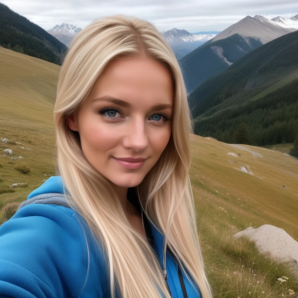 blonde woman with blue eyes, smiling, selfie, walking in the mountains, Lara Stein, Alexandra Waliszewska, schulterlanges blondes Haar, Most beautiful woman in the world, beautiful look, Perfektes Detail, Victoria's Secret-Modell, blonde haare blaue augen, keine Nahaufnahme, blonde Haare und blaue Augen, lange blonde Haare und blaue Augen, ohne Augenbrauen