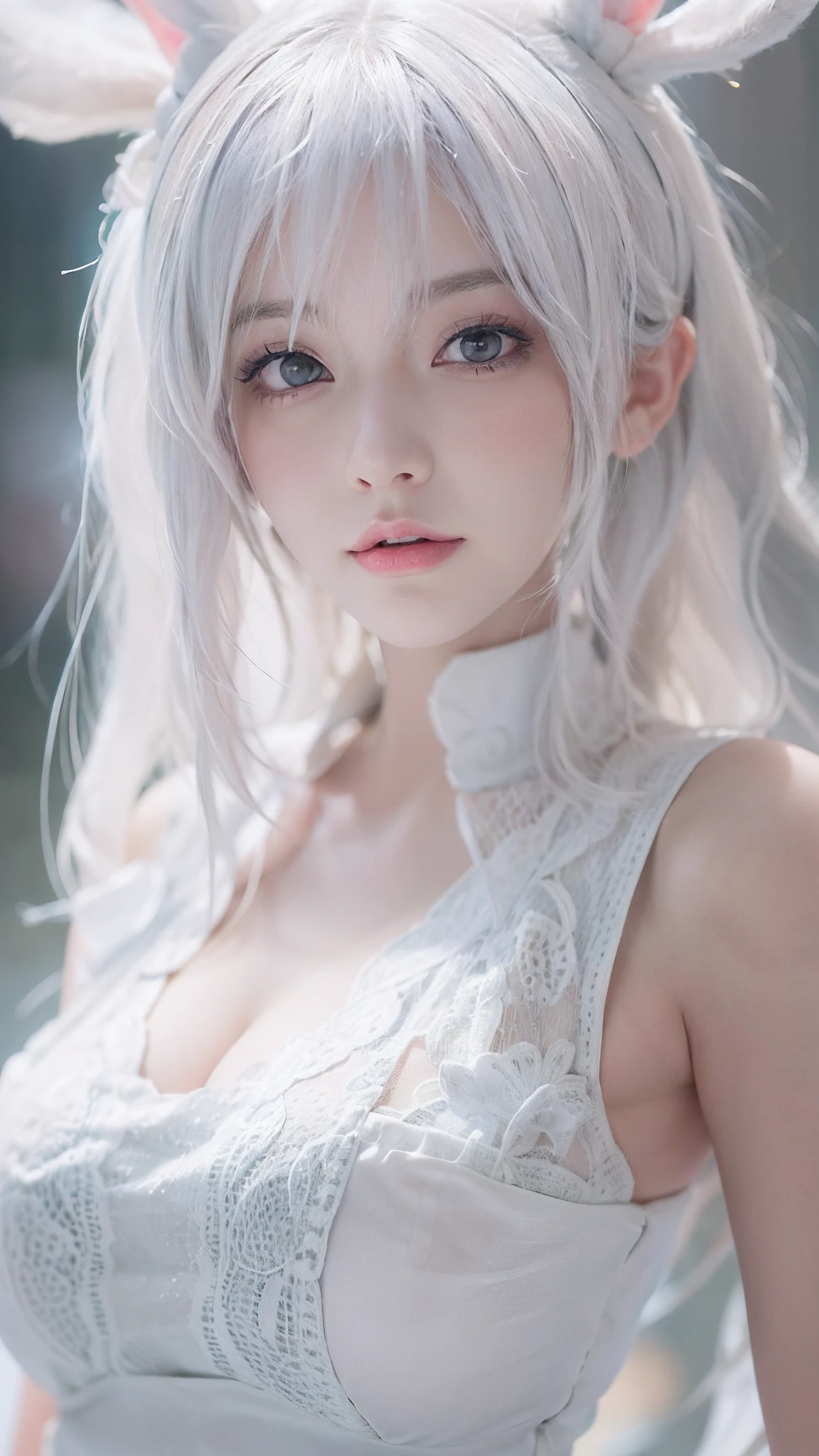 Close-up of a woman in a white vest and skirt, pale milky white porcelain skin, Smooth translucent white skin, seductive anime girls, beautiful and seductive anime woman, ultrarealistic sweet bunny girl, pale porcelain white skin, Smooth and realistic perfect body, Anime girl cosplay, realistic shadow perfect body, guweiz masterpiece