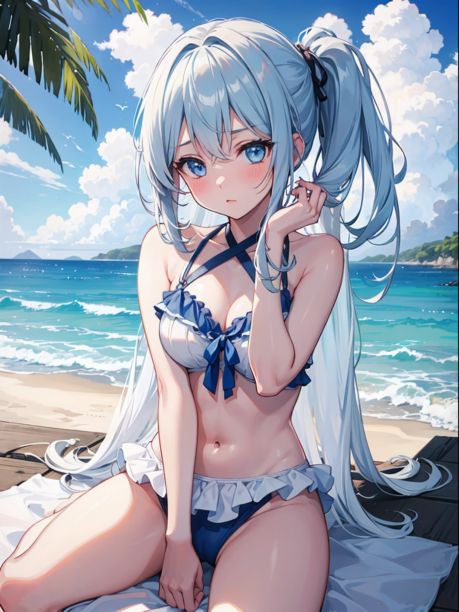 1girl in,Light Svert Medium Hair,Tying hair,Light blue eyes,Beach,Swimsuit,Cute,blush,medium breasts,cumulonimbus clouds,Best Quality++,Highest Quality++,pussy line