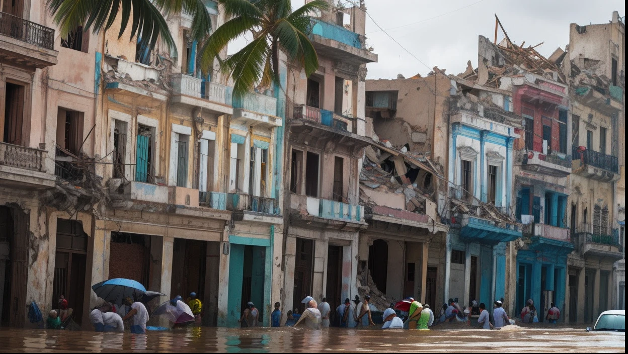 realistic, Havana, collapsed buildings, torrential rain, severe flooding, chaos and destruction, atmosphere of despair