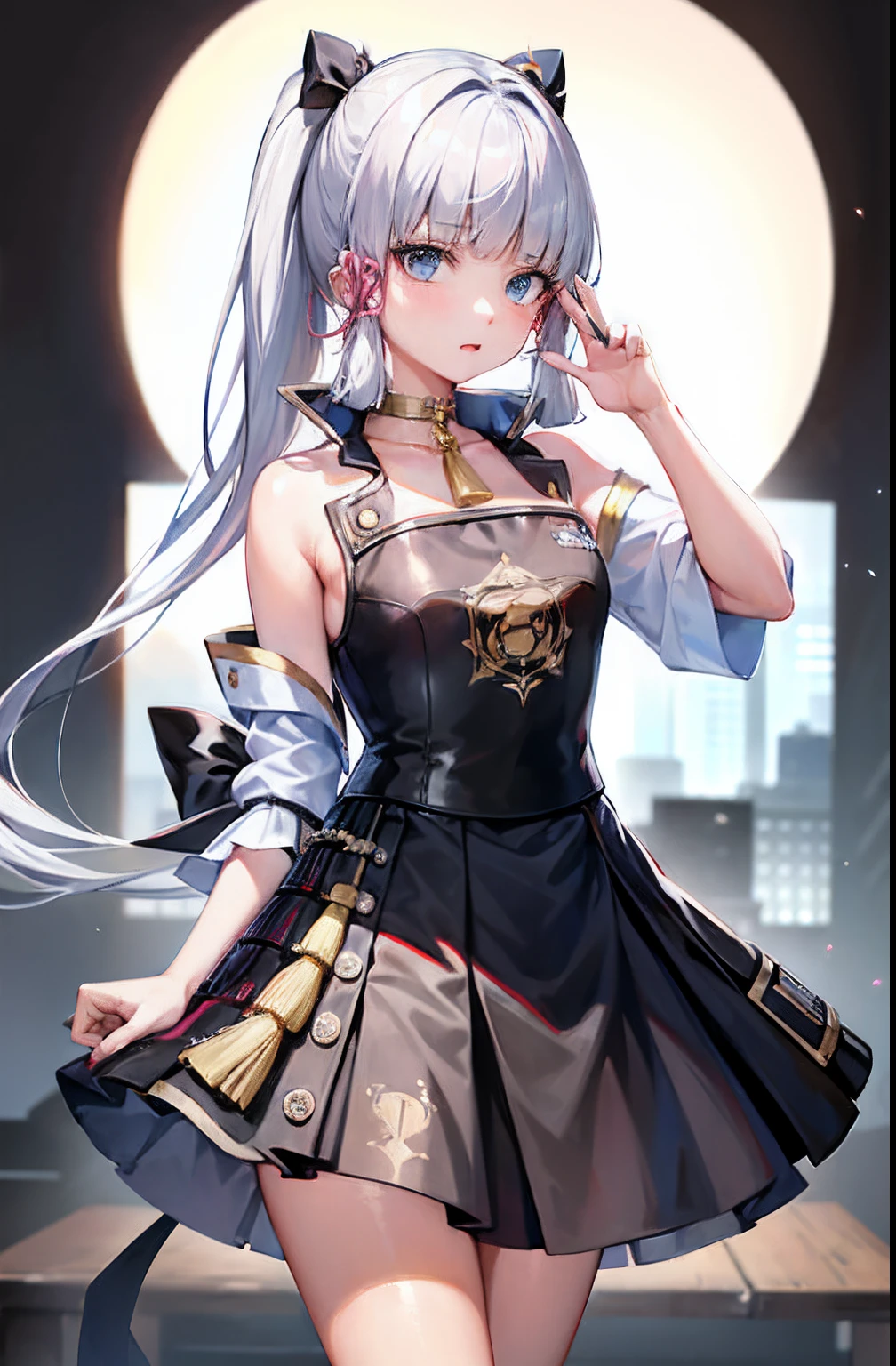 best qualtiy，超高分辨率，1 teenage girl，sleeveless white button shirt，a black skirt，Black collar，adolable，Kpop idol，aegyo sal，Platinum blonde hair，puffy eye，Wear wide-eyed expressions，full bodyesbian，facing the front there。