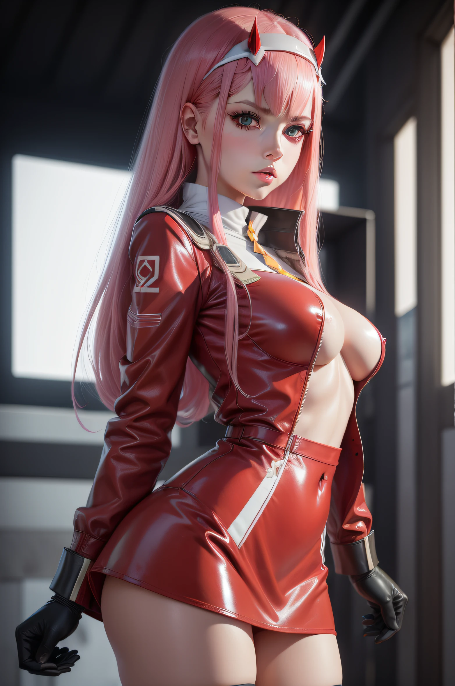 ((Zero Two Darling en el Franxx)), 8k, Obra maestra, La mejor calidad, fotorrealista, Ultra detallado, 1 girl, textura realista de la piel, Mini short black latex skirt, Showing the to the camera, pechos grandes, rosa perfecto , Las manos de los hombres agarran sus pechos mientras ella sostiene penes en sus manos