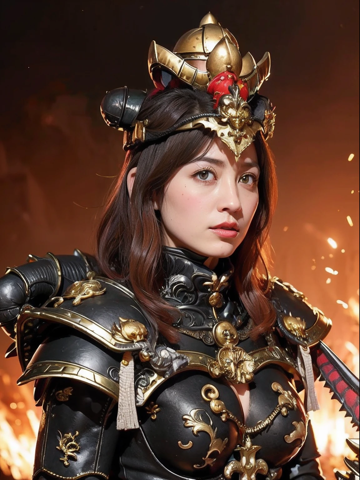 Professional , ​masterpiece、top-quality、photos realistic , depth of fields （Gemstone Black Metal Body:1.９),(Enamel Black、（cleavage of the breast）、（Chinese Dragon）、Mystical expression、Dragon Gold Weapon（Dragon Metal Body:1.４),Gorgeous gold weapons ,（（ Dragon's dense and gorgeous sword）） ,  、blood splashing、  ,warhammer 40k , adepta sororitas,Detail and gorgeous crown、（（Brown hair））、（The dragon）、（Castle background）、The dragon、（（Gangle's forest background））、Beautiful Caucasian beauty、（１a person）、dynamic ungle,(((Detailed and ornate dragon helmet)))、Smaller head、A smile、Castle background、Thin and beautiful female hands、cleavage of the breast、Mystical expression、Light Effects、Wind-effect、magic circles、With the legendary magic wand、（demonic wings）、Toostock、