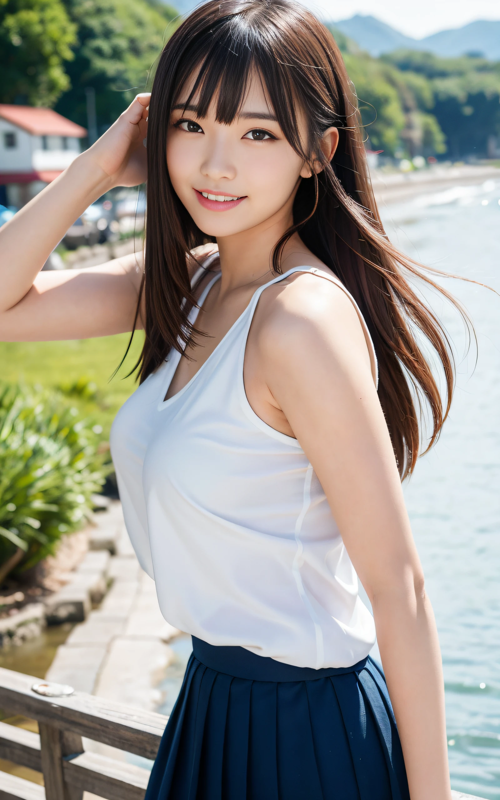 ((Best Quality, 8K, masutepiece: 1.3)), (Sharp Focus: 1.2), A quaint coastal fishing village with colorful boats, 1 girl, Full body, Turn your hands behind your back, stunning elegant pose,Neat and clean beauty, 20 years old, Half Japan and half American, Looking away, Classy and elegant, A pretty girl with perfect figure, shyly smile, Cute, Shy, ((Shoulder-length straight hair swaying in the wind, Bangs)), Big breasts, (Tank top: 1.1), Skirt, Highly detailed face and skin texture, Detailed eyes, Background bokeh,
