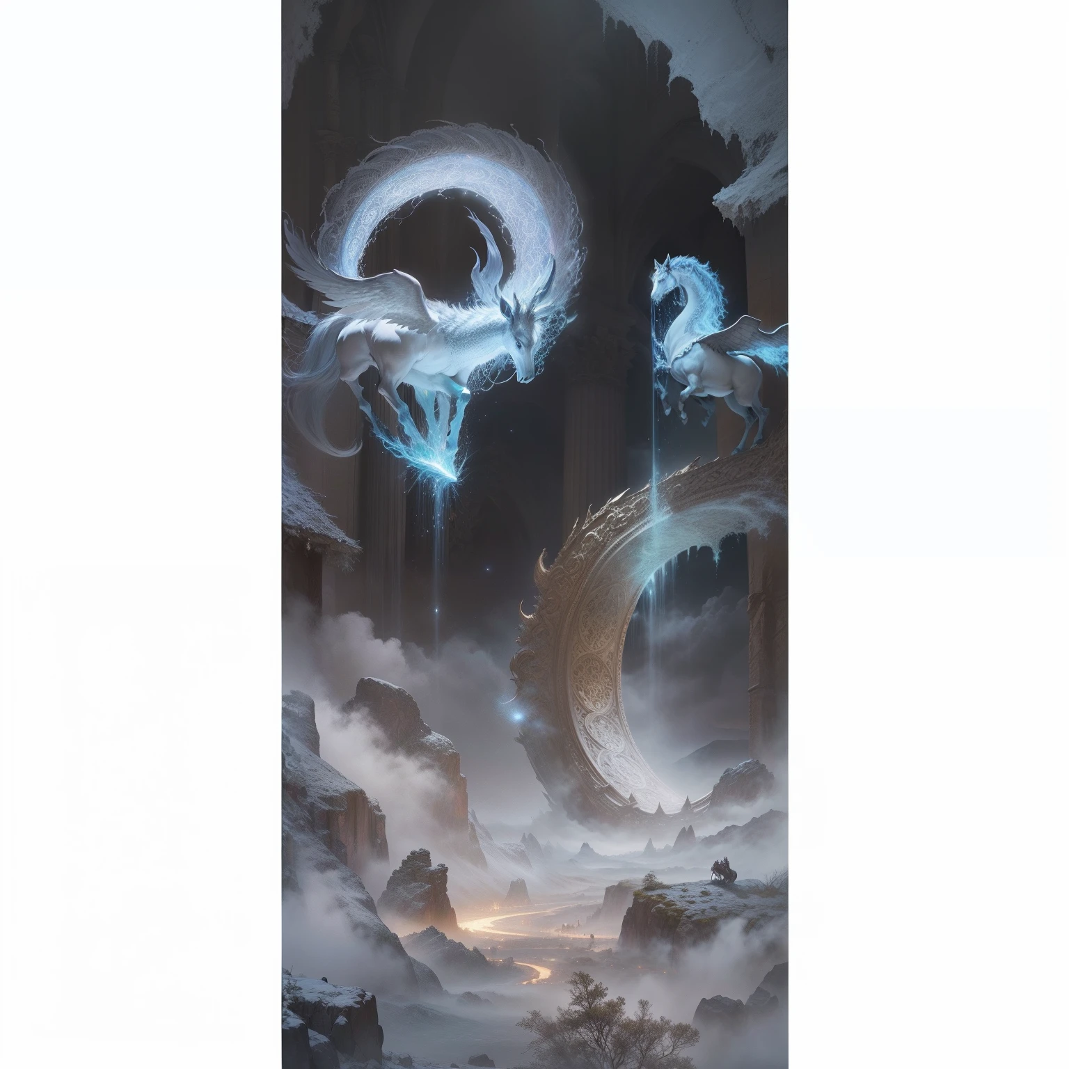 "Mythological creatures, epic battles, divine realms, ancient gods and goddesses, mystical landscapes, enchanting beauty, ethereal glow, majestic architecture, mythical beasts, intricate details, mythical figures in action, legendary tales, celestial events, magical powers"