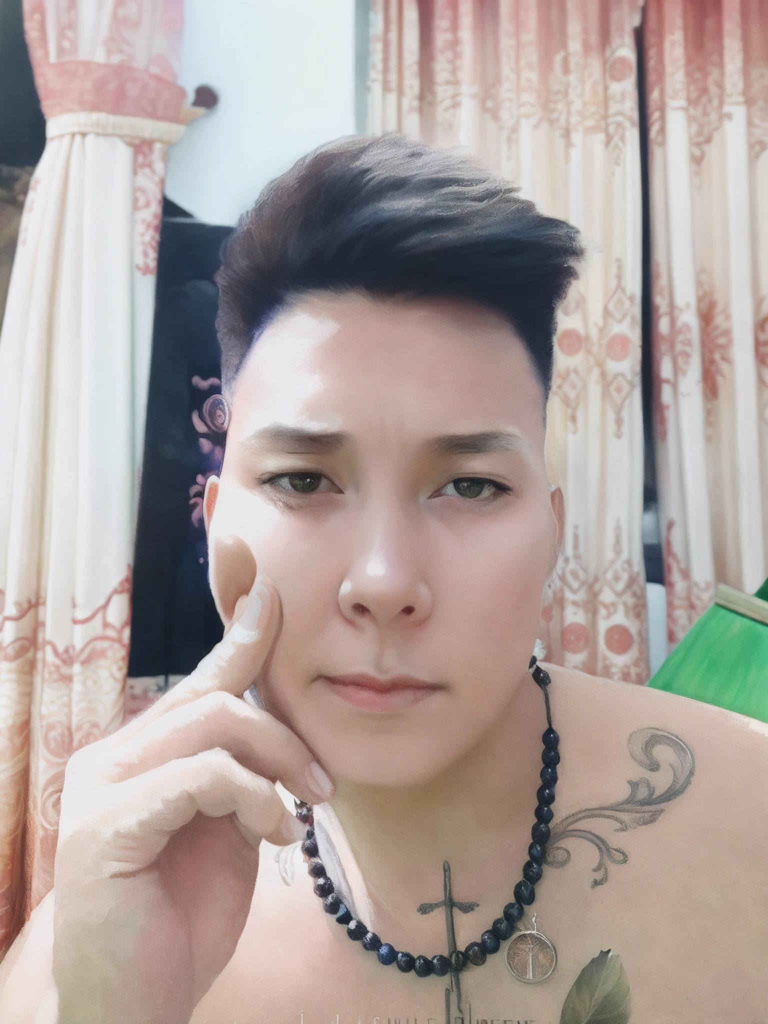 Arafeld man with tattoo on his chest sitting on sofa, anime big breast,Handsome
