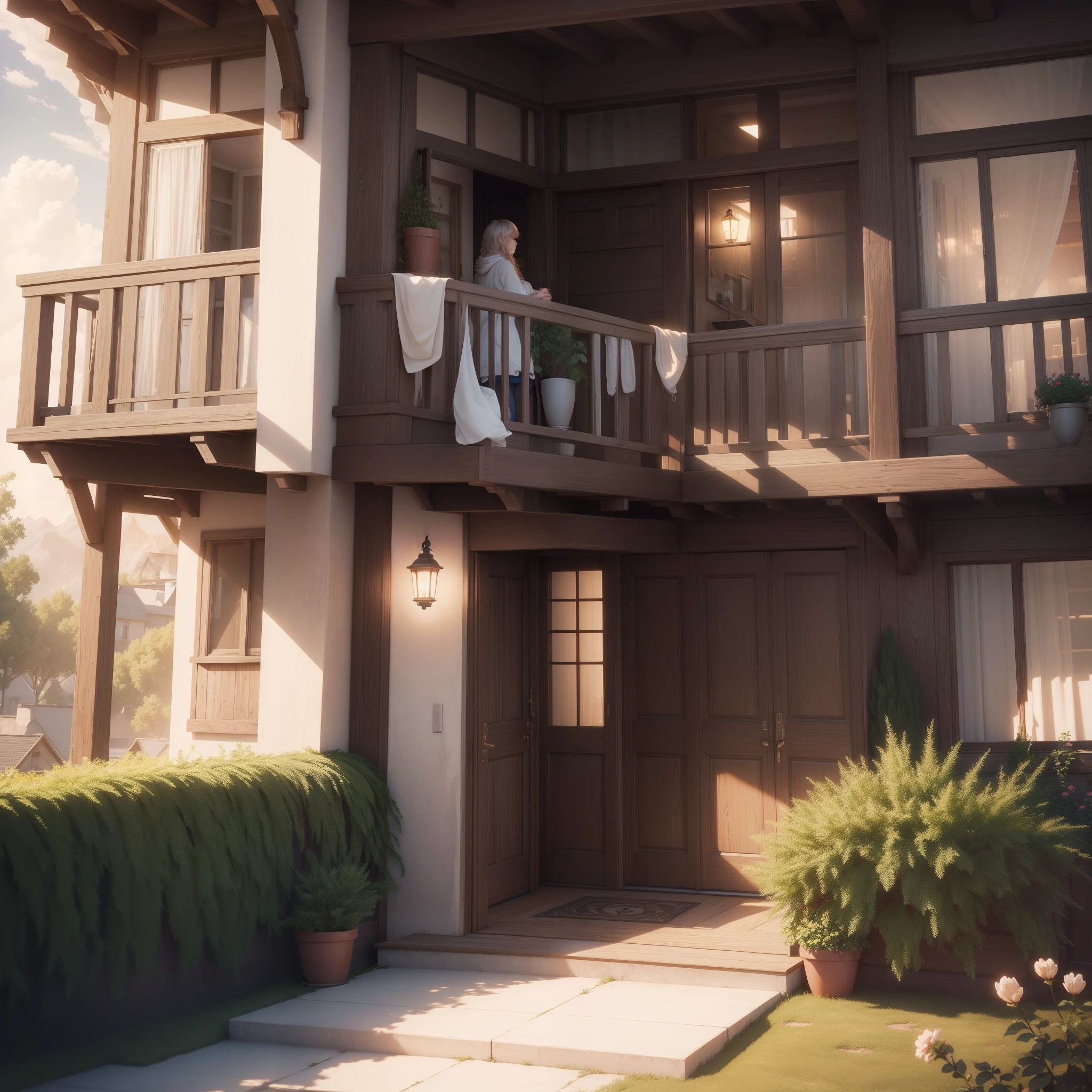 (extremely detailed CG unity 8k wallpaper, best quality), peaceful, serene, cozy, house with (one person:1.2) on the balcony.