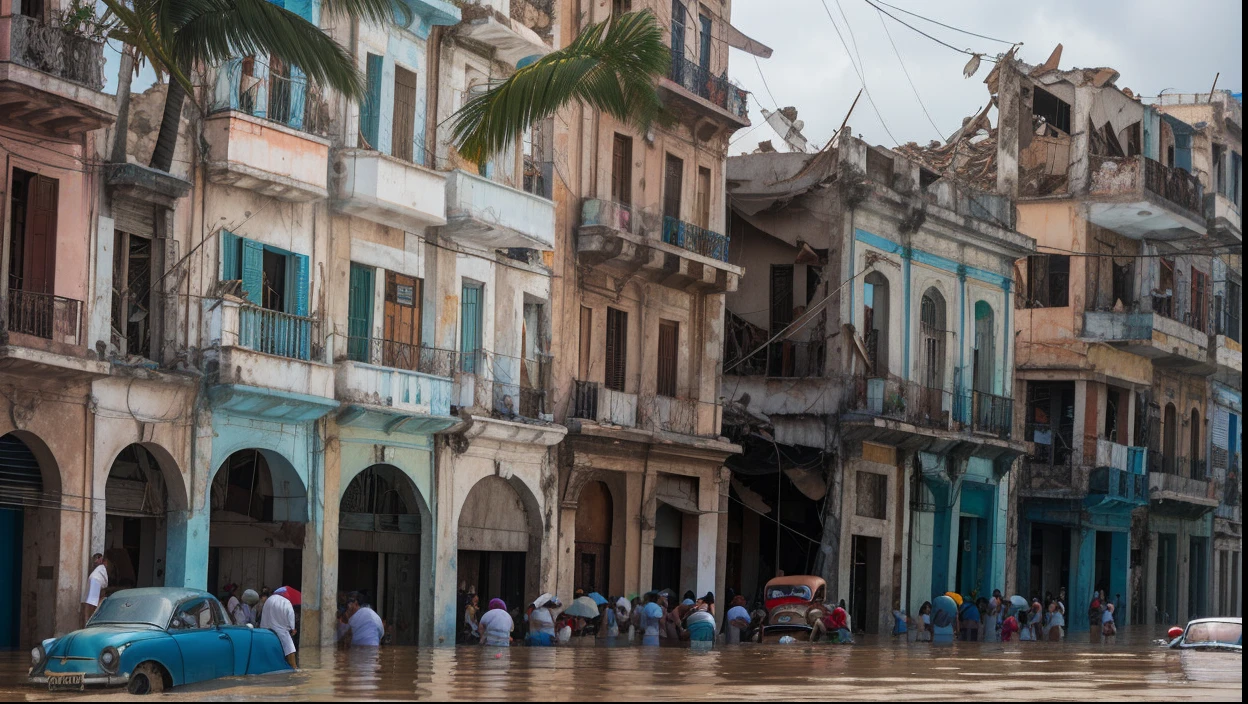 realistic, Havana, collapsed buildings, torrential rain, severe flooding, chaos and destruction, atmosphere of despair