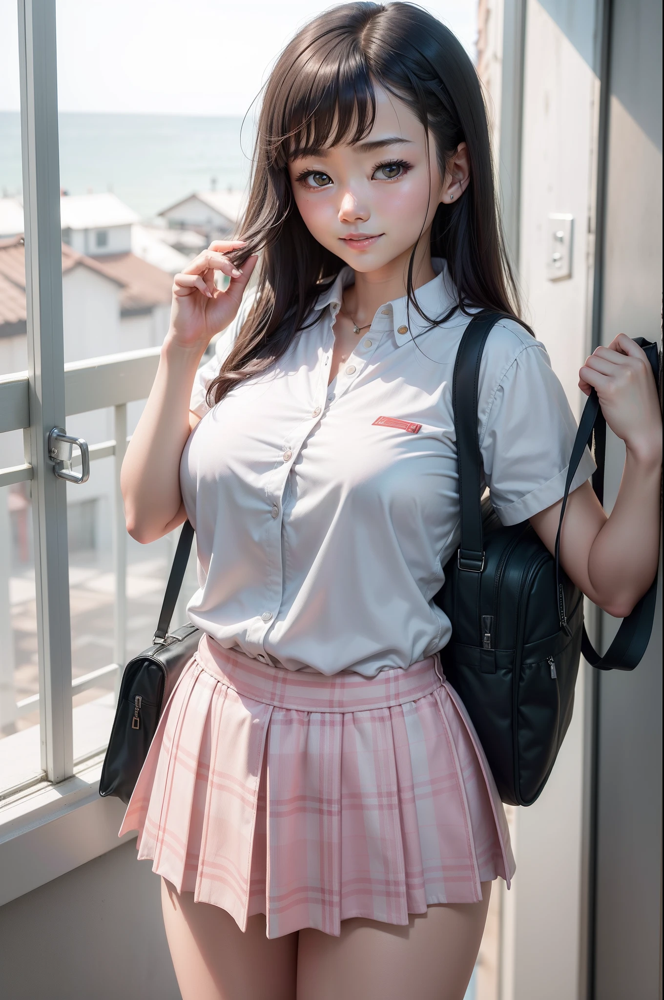 best qualtiy,RAW photos,超高分辨率,byself,taken from the side,gently smiling,16-year-old Chinese girl,very Bigger breasts,Junior high school girl,White skin of the,Shiny white skin,Childhood sweetheart's neighbor girl,junior school student,cute face,Healthy and slim body,short plaid skirt,wearing school bag,Behind you is the sea,Low neckline,Plump buttocks