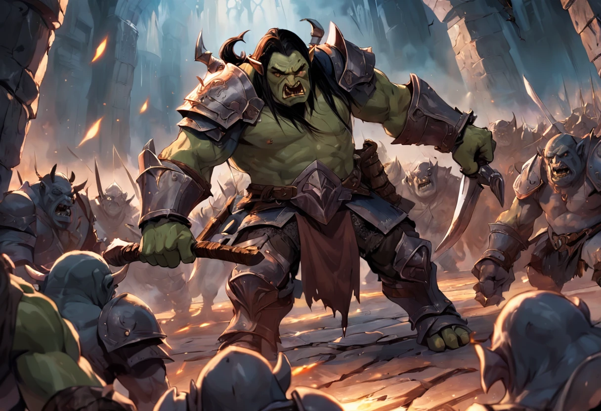 Paladin fighting orcs in the movie The Hobbit of the Lord of the Rings