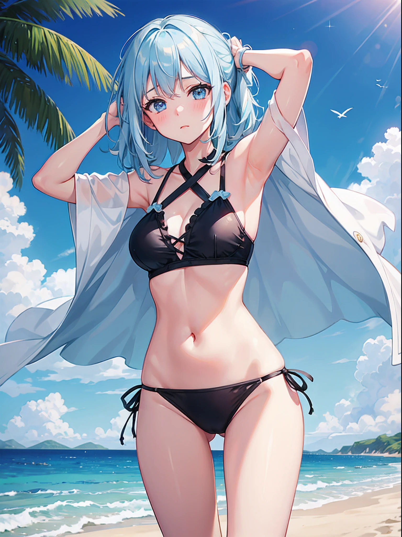 1girl in,Light Svert Medium Hair,Tying hair,Light blue eyes,Beach,Swimsuit,Cute,blush,medium breasts,cumulonimbus clouds,Best Quality++,Highest Quality++,pussy line,pussy