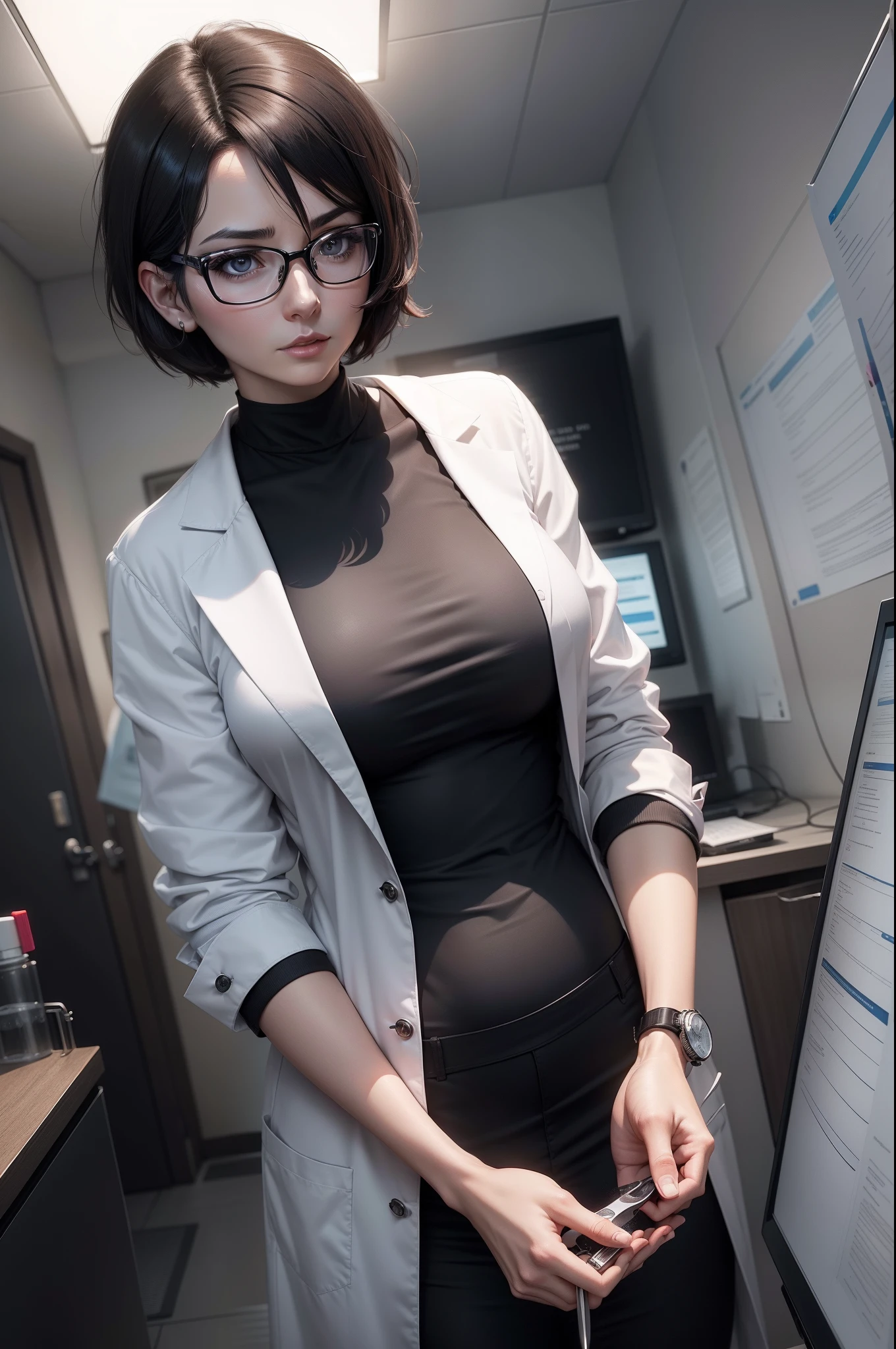 8k realistic image of a pretty female doctor, 32 years old, short hair, wearing glasses, wearing a lab coat and a black shirt underneath, holding a pair of scissors, astonished expression, in a doctor's office, anime style artwork