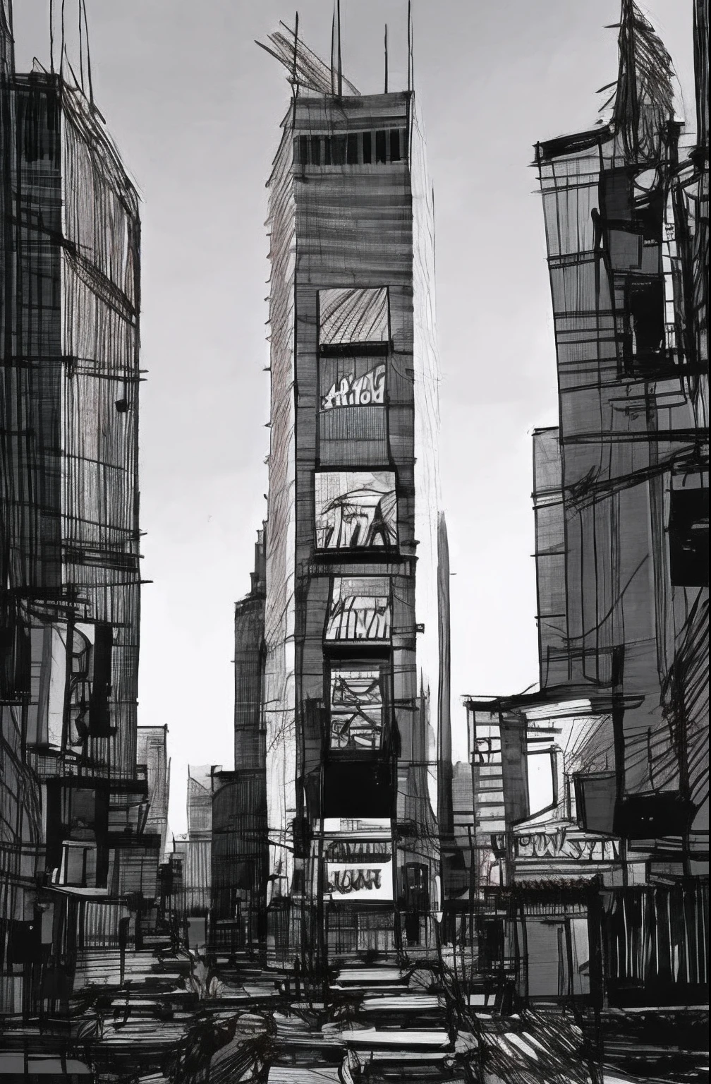 Un dibujo de una calle de la ciudad con un edificio alto en el fondo, Time Square, clean ink detailed line drawing, Perfect pencil and ink line art, Dibujos a pluma y tinta, inspirado por Charles Dana Gibson, por Robert Maguire, Architectural illustration, Arquitectura de dibujo, Lineart de la ciudad del anime, Dibujado con Photoshop, pen and ink illustration, Vista desde las calles, Dibujo de arquitectura