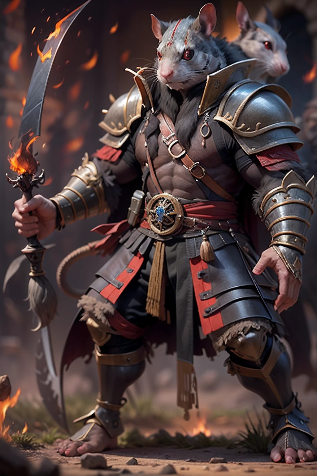 （anthropomorphic turtle），（Rat warriors：1.4），coda，a tall body，Stout limbs，disdain，ran，tosen，The long hairs of the flame fluttered in the wind，combats，Dynamic lines，Dimly lit battlefield，Ruined castle，（stereoscopic perspective：1.4），Works of masters，super-fine，4K分辨率，high qulity，电影灯光，High picture detail，Detailed pubic hair，Epic shooting，Clearly focused hair，Detailed hair depiction，acurate
