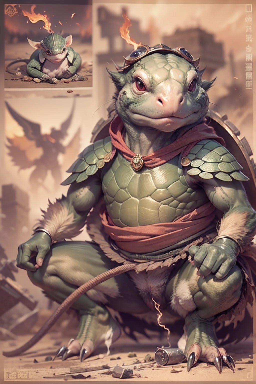 (anthropomorphic turtle),(Rat warriors:1.4),coda,a tall body,Stout limbs,disdain,ran,tosen,The long hairs of the flame fluttered in the wind,combats,Dynamic lines,Dimly lit battlefield,Ruined castle,(stereoscopic perspective:1.4),Works of masters,super-fine,4K分辨率,high qulity,电影灯光,High picture detail,Detailed pubic hair,Epic shooting,Clearly focused hair,Detailed hair depiction,acurate
