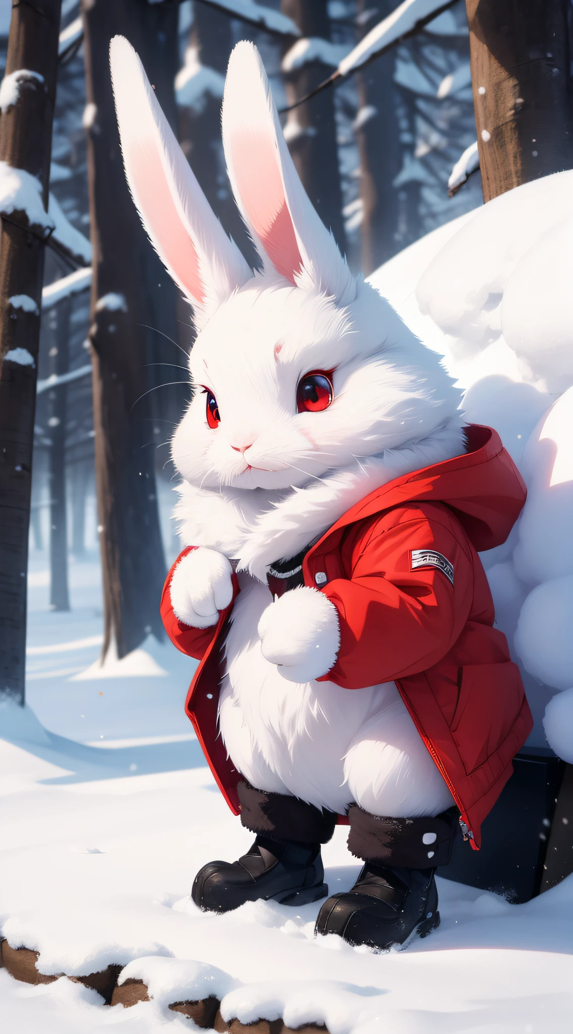 rabbit, cute, animal, red eyes, best quality, snow, furr,