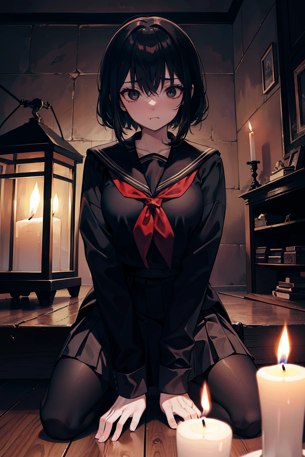 Female 1, Scary, Black eyes, Puppeteers , Kneel down. , fearful, dark , house , basement , candle lit , School uniform , Black Pantyhose , nighttime ,