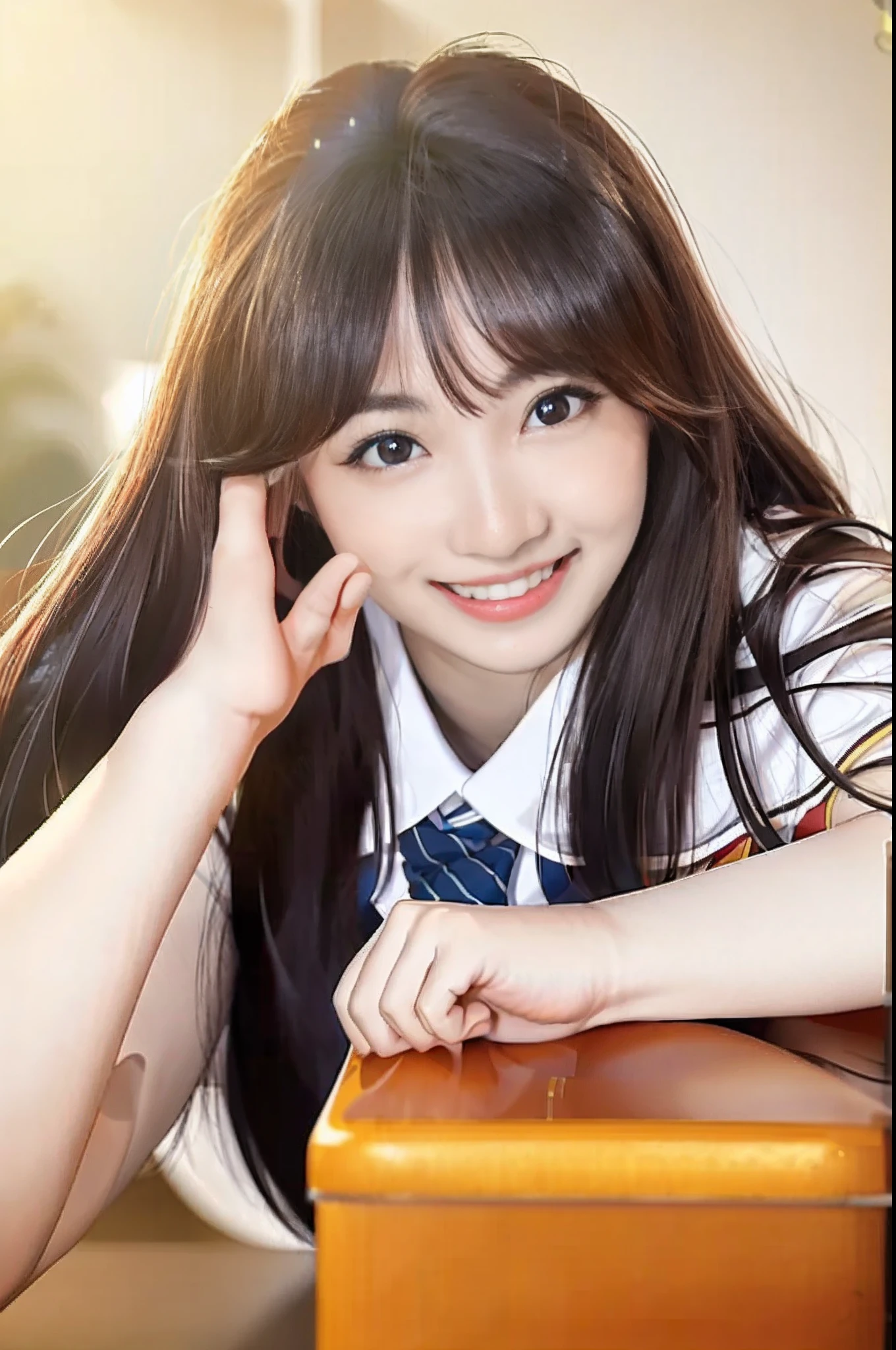 Masterpiece, Best quality, Photoreal, 1girll, Smile, teeth, Flat bangs, stunning innocent symmetry face, school uniform, Black eyes, Emotional, Orkan, (PureErosFace_V1:0.7)