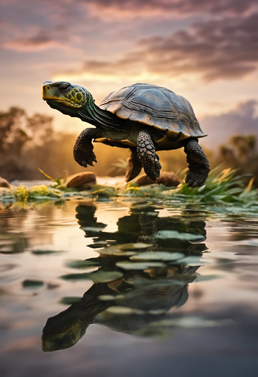 /imagine prompt: A surreal and mesmerizing scene that defies the laws of nature: a tortoise descending gracefully from the sky. Captured with a touch of magic using an analogue Nikon Z 14mm ultra-wide angle lens in RAW format, this image invites viewers to explore the boundaries between reality and imagination.
The tortoise is suspended in mid-air, its journey downward marked by an aura of enchantment. The lighting creates an ethereal glow around the tortoise, casting soft shadows that add depth and dimension to its form. The scene's atmosphere is bathed in an otherworldly light, evoking a sense of wonder and mystery.
The color palette is a blend of dreamlike hues, with soft pastels and delicate shades that add to the sense of unreality. The background might feature clouds, stars, or a hint of celestial scenery, enhancing the fantastical nature of the scene.
This image is a celebration of imagination, offering a whimsical and captivating visual experience. It transports viewers to a world where the extraordinary is possible, inviting them to explore the beauty and magic that can be found even in the most unexpected of scenarios.