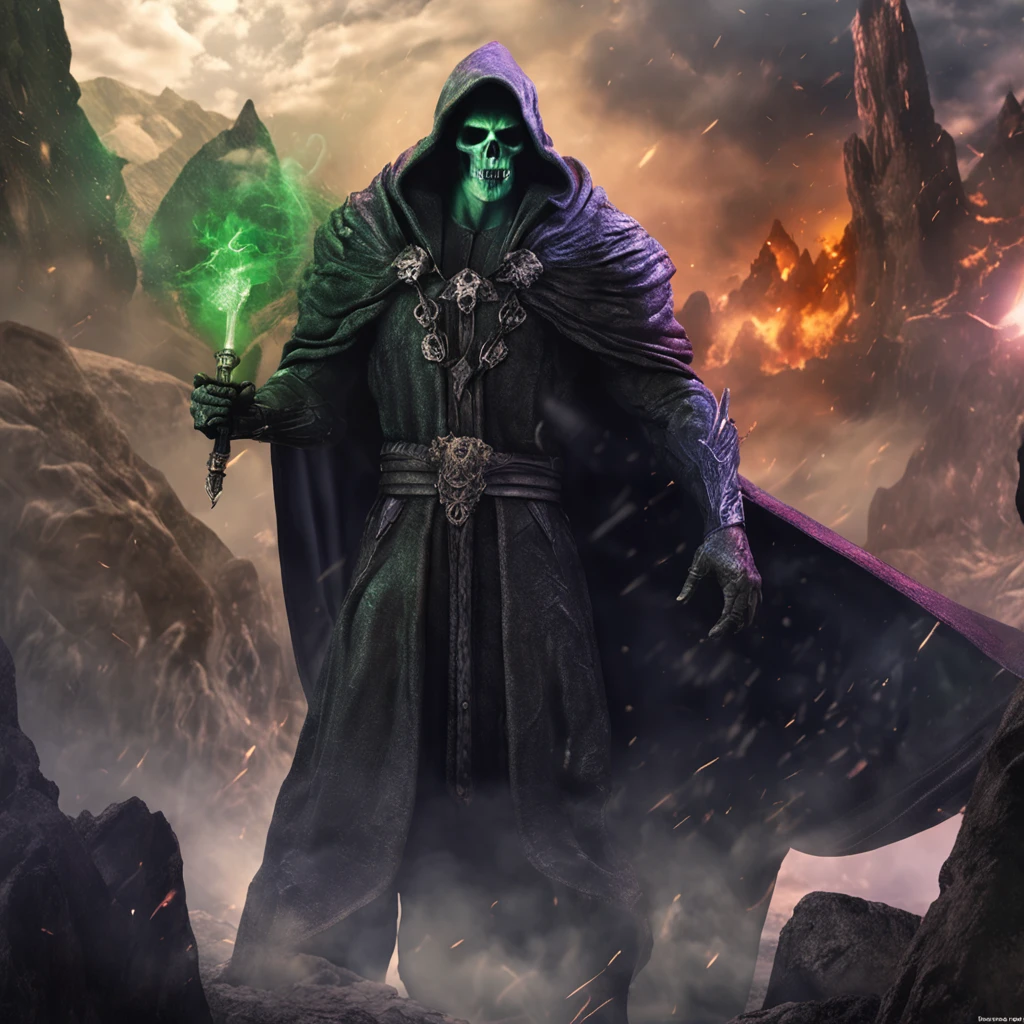 Best quality, masterpiece, ultra high res,detailed background,realistic,hadesstyle,solo,male,mature,bara,muscular,mature male,short hair,facial hair,wizard,necromancer,skull,green fire,horror \(theme\),dark fantasy,evil,cape,depth of field