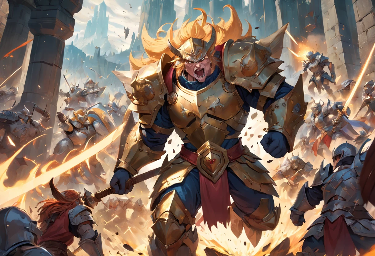 Create a highly detailed and photorealistic image depicting a valiant paladin engaged in a fierce battle against a horde of goblins in a captivating RPG world. The paladin, adorned in gleaming armor, wields a majestic lance as he stands at the forefront, surrounded by the chaos of the encounter. The goblins, each with unique appearances, exhibit menacing expressions and wield an assortment of crude weapons. The scene showcases the paladin's unwavering determination and skill, while capturing the intensity and excitement of the RPG adventure. Ensure the image is rendered in stunning 4K resolution, with exceptional attention to detail, realistic lighting, and dynamic composition