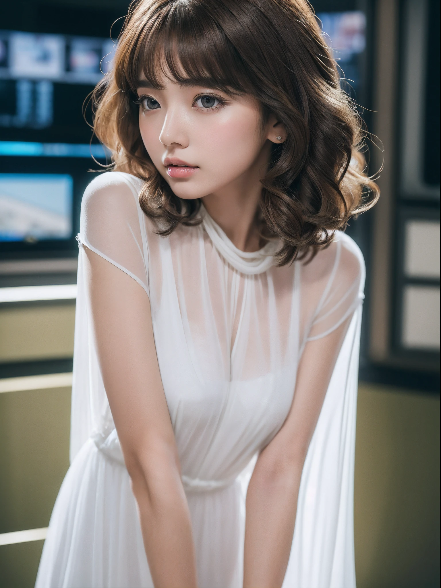 bright expression、Young shiny shiny white shiny skin、Best Looklonde reflected light、Platinum blonde hair with dazzling highlights、shiny light hair,、Super long silky straight hair、Beautiful bangs that shine、Glowing crystal clear attractive big blue eyes、Very beautiful nice cute 16 year old girl、Lush bust,Beautiful detailed eyes, beautiful detailed nose,(( Full body:1.5)),Makeup that the eyes emphasize、,(Women like Joan of Arc)、Royal style,Comic style, , Sub-surface scattering, ornate detail, nature backdrop, Hyper-realistic, ((Cinematic)), Dramatic Lighting, masutepiece、((Off-the-shoulder white shirt dress:1.4))、((Fight on the battlefield))、(Loose and fluffy perm:1.4)、1 girl in、((Bob Hair:1.3))、Ultra realistic 8K CG, Picture-perfect face, flawless, clean, masutepiece, Professional artwork, famousartwork, Perfect face, Beautiful face, Beautiful eyes, ((Perfect female body)), Solo,(Immersive atmosphere, Chiaroscuro:1.5,Bright light:1.2,Luminous lighting),(blush:0.5),fascinated expression,Extremely detailed_Eyes,thick thighs,Large breasts,beautifullydetailedbackground,depth of fields,Realistic:1.3, longshot,Sitting, Full body, (ambient lights:1.3),(Cinematic composition:1.3),(Neon light:0.1),(nffsw:0.1),Accent Lighting, pantyhose,