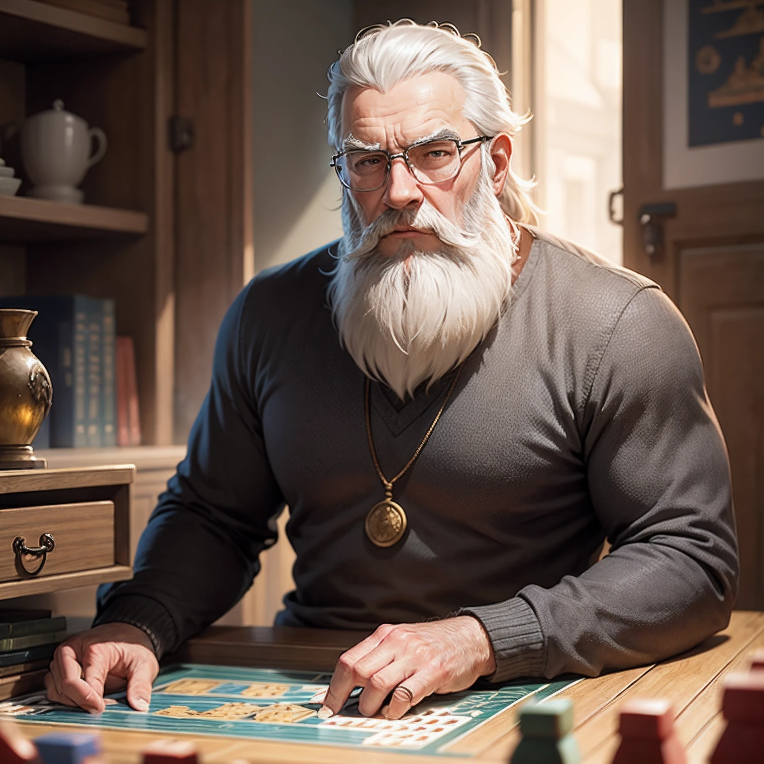 grey bearded man playing a board game in a fantasy setting. Front view