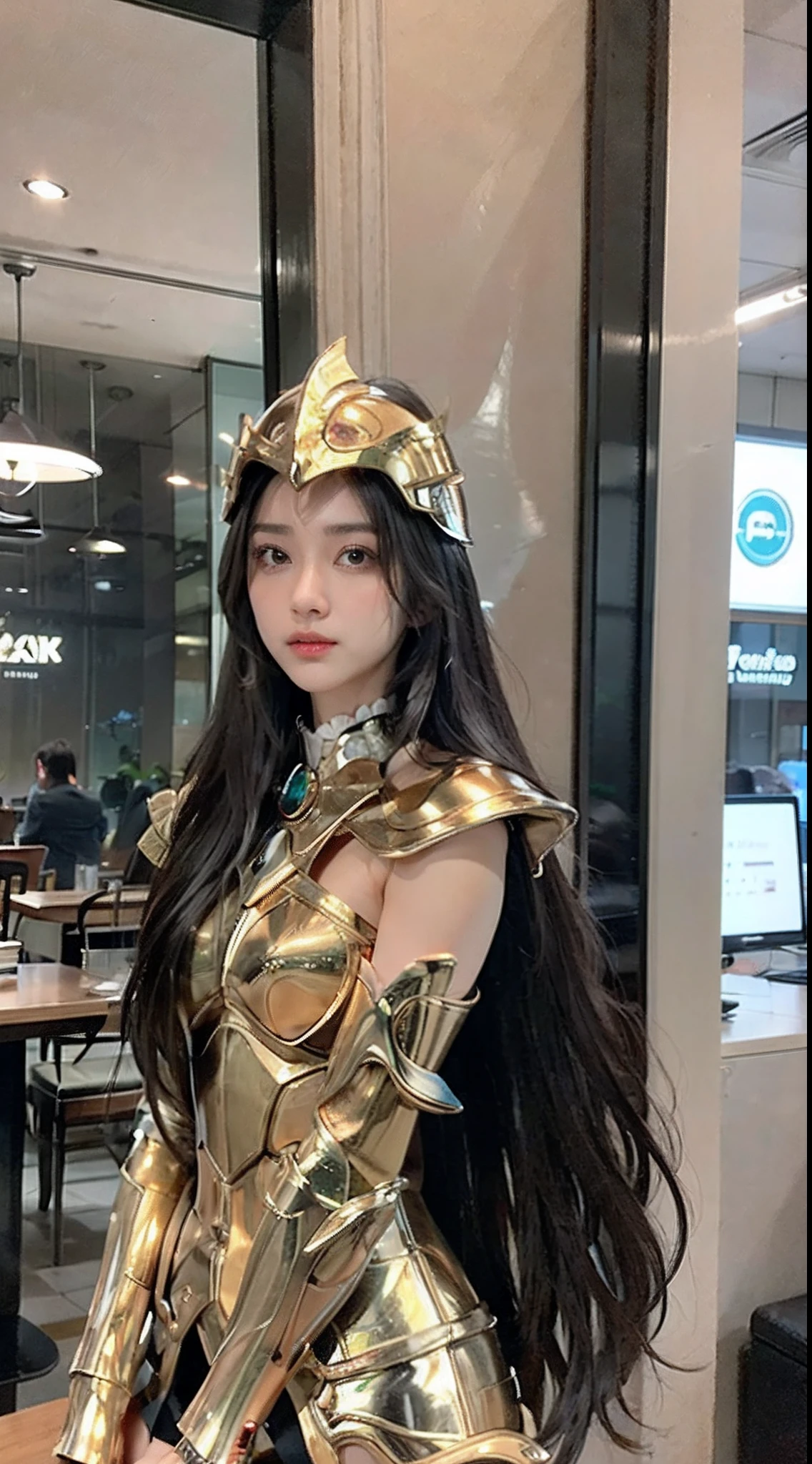 realisticlying, tmasterpiece, Best quality at best, A high resolution, 1girll, s the perfect face, looking at viewert, The skin is tight and transparent vinyl, Very long black hair, Green eyes, paleskin, Pisces, Gold armor with white parts, Armour, ((shelmet)), Line art, low tune, Sharp focus, octanerender,(frontage,face to the viewer:1.2)