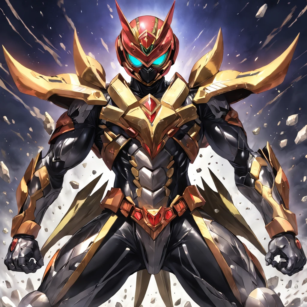 Kamen Rider,Helmet in the shape of locust elements,Closed face shield,Rock elements，The body is set with diamonds，the Chinese character "soil" in the middle of Kamen Rider's Belt，full-body shot，Yugioh artwork, top-quality, tmasterpiece, A high resolution