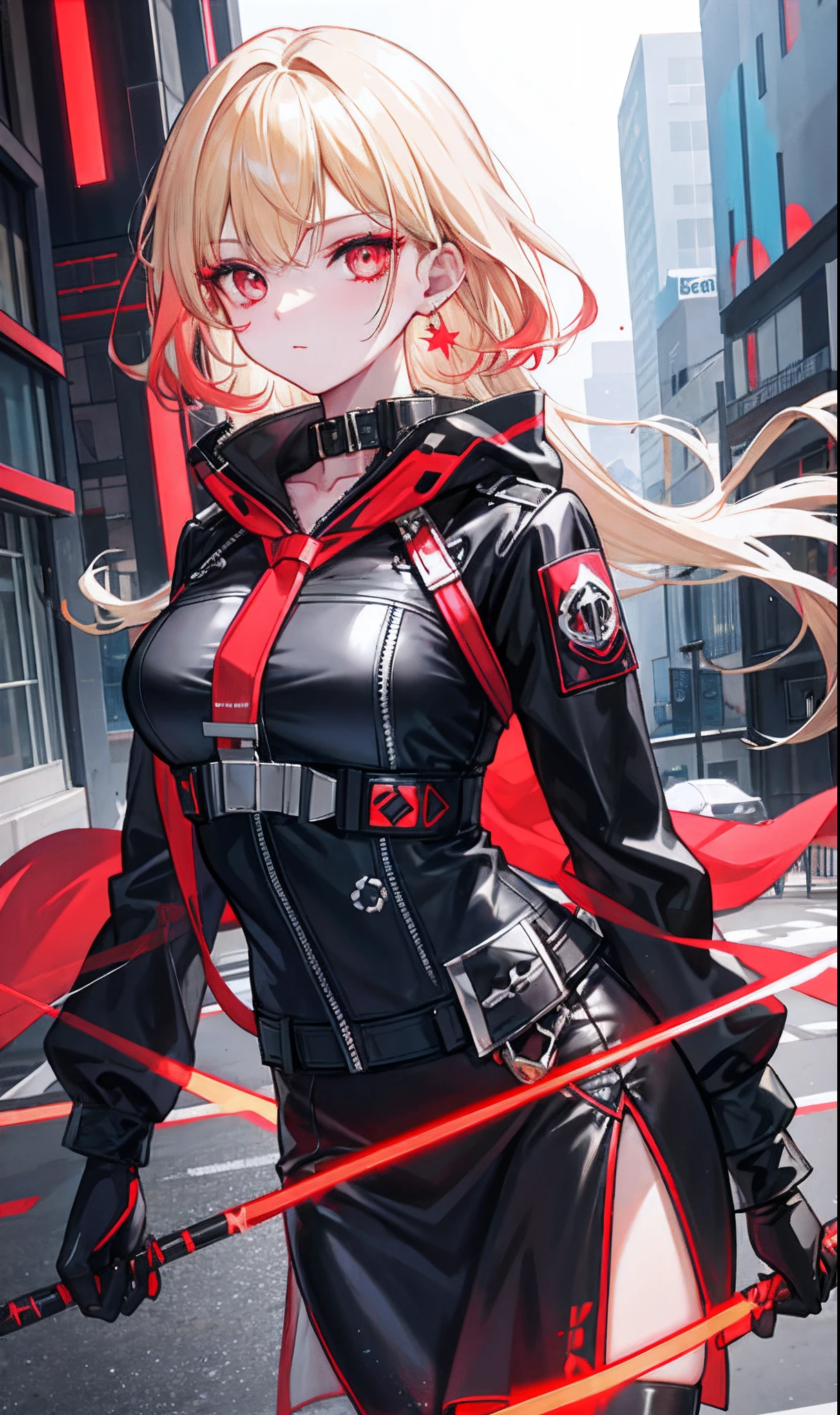 girl with、female high-school student、Small breasts、Wearing a rider's jacket、blondehair、Red Eyes、poneyTail、gloves