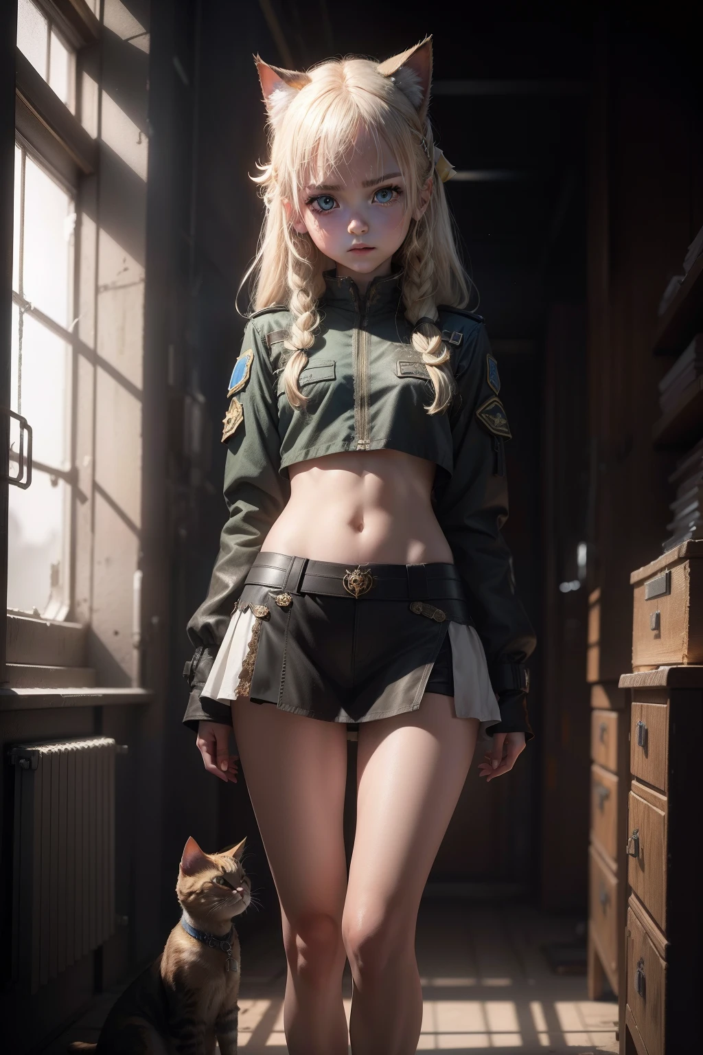 (((NSFW))):1.5, ukrainian little cutest baby , Ukrainian anime girl , The whole body consists of a young girl with messy light blonde hair, eye makeup, 9yo, Cat ears, Soft lighting, Solo, Wearing a shabby, dirty, ragged futuristic military uniform, Cat's paw badge, Pose, Spot color, rendering by octane, Ultra-realistic intricate details, Cinematic, 8K resolution, 70mm, emphasis lighting, Global illumination, Full body portrait, clean detailed faces, complex clothing, Cute face, Flat chest, Slim waist, Slim legs, Small hips