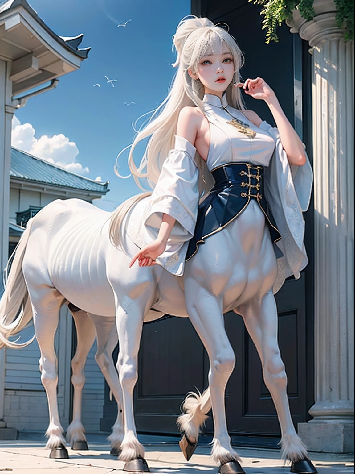 offcial art，统一 8k 壁纸，ultra - detailed，Beauty and aesthetics，tmasterpiece，best qualtiy，1girll，The is very detailed，dynamic angle，femele，White centaurs，(underdressing)，pubes，(White horse)，grey long hair，standing on your feet