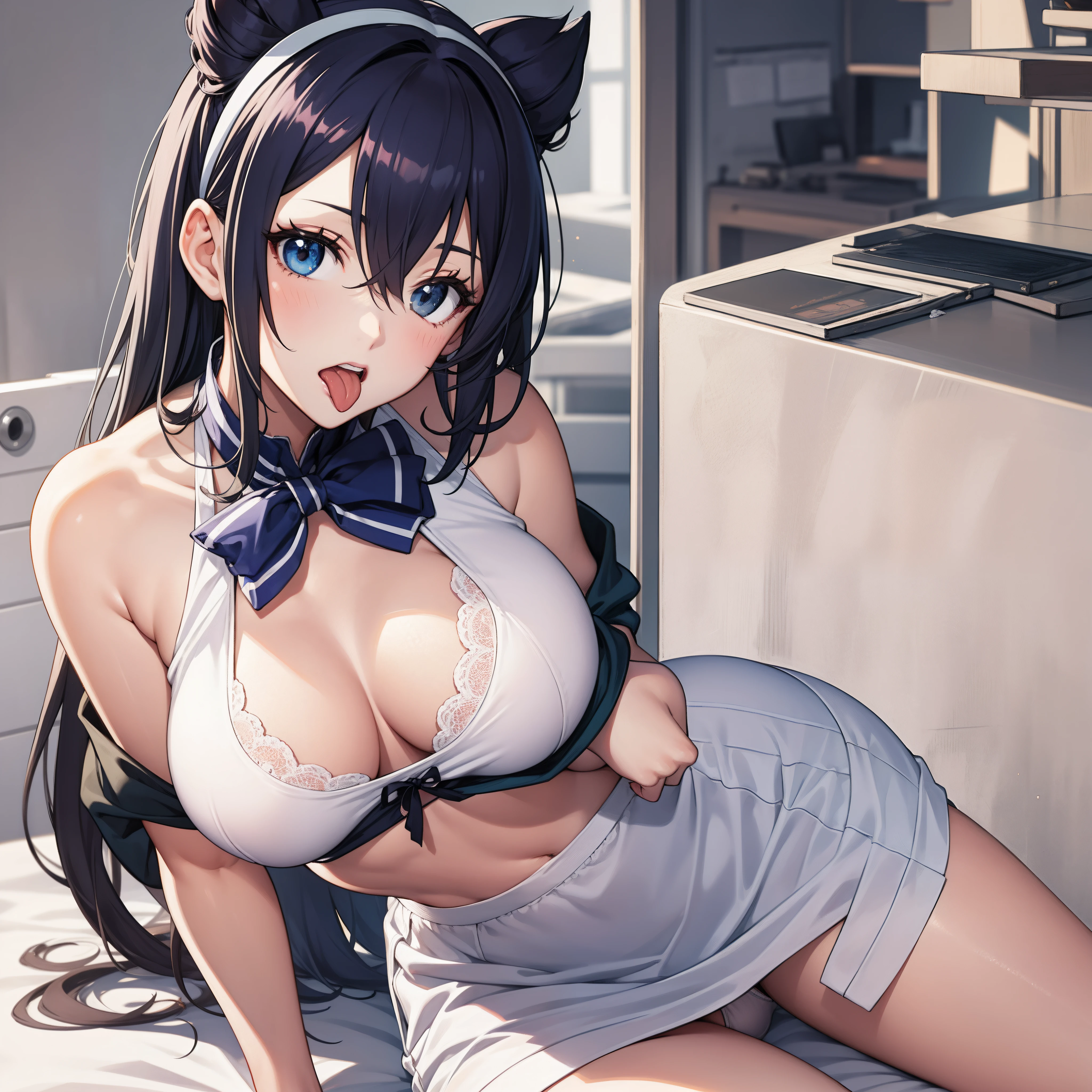 Anime style. Girl.White underwear. Miniskirt. Big tits. He opened his mouth wide,Stick out her tongue.Creampie.