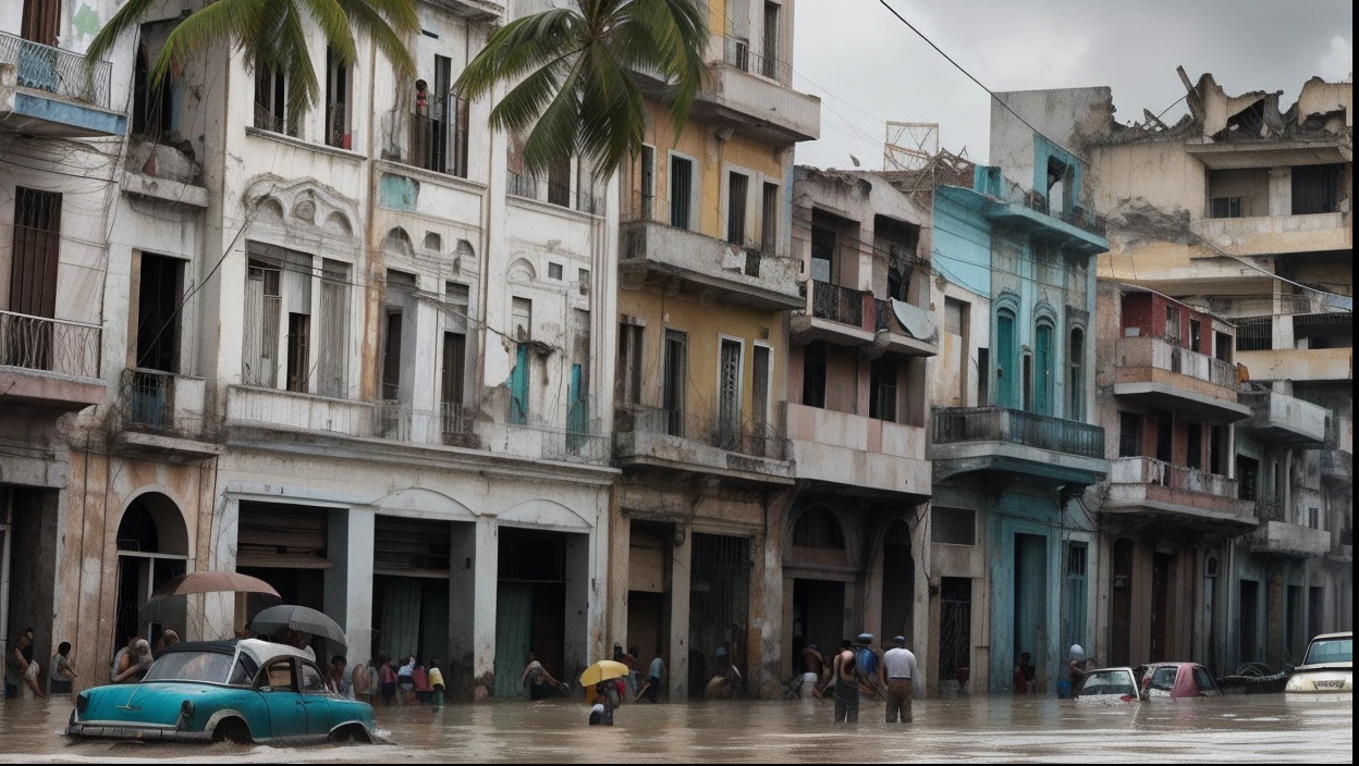 realistic, Havana, collapsed buildings, torrential rain, severe flooding, chaos and destruction, atmosphere of despair