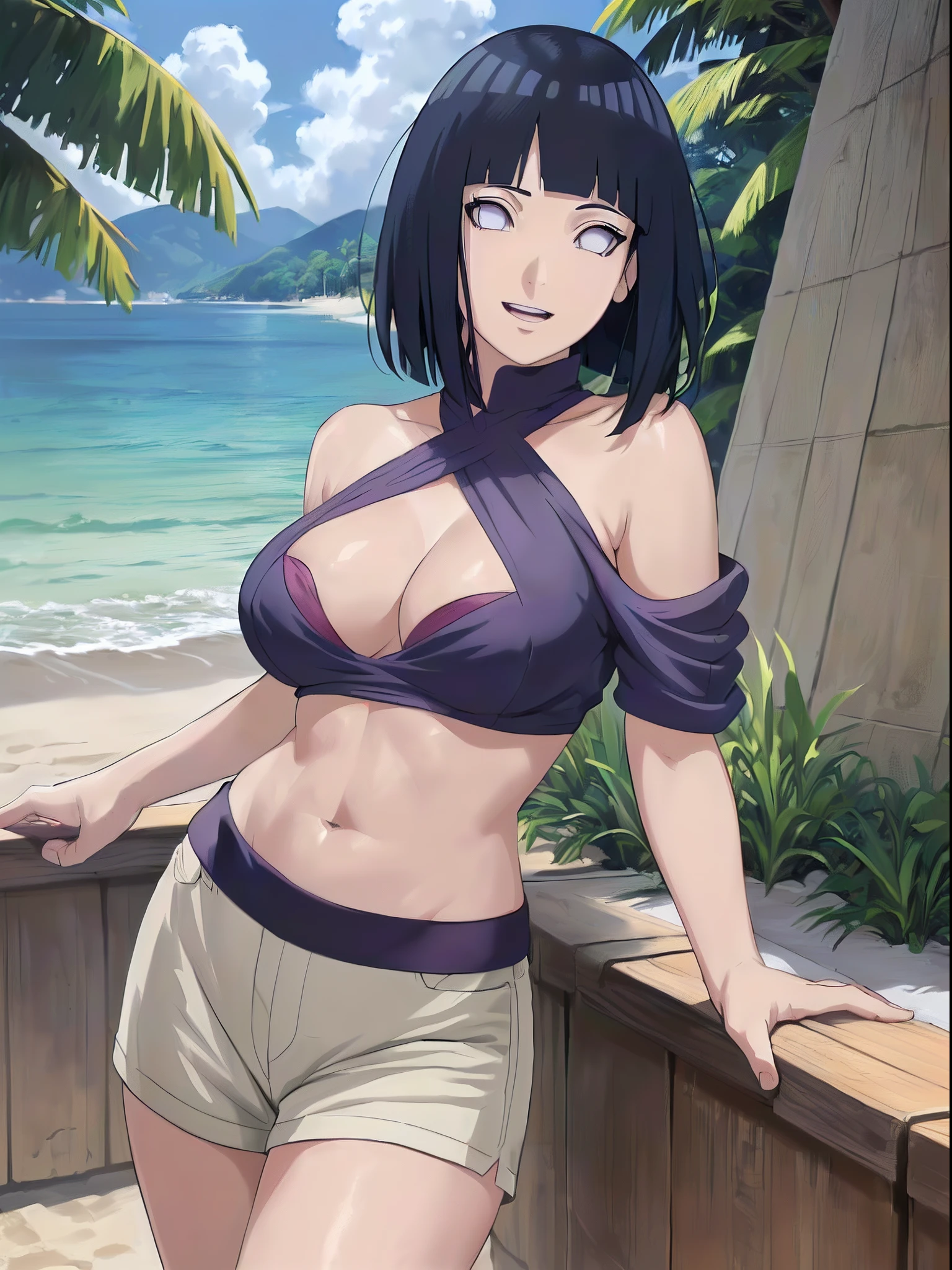 (WALLPAPER, (hinata\(boruto\), masterpiece, 4k, vector coloring, whole body shot, contrast lighting, mature female, (curvy:0.8), solo, anime style, sharp focus, professional artwork, intricate details, detailed beach background, colorful, vibrant colors, vivid colors, digital blending, ultra detailed body, ultra detail hair, ultra detail face, trending on pixiv, very hot colors, sunny day, outdoor, detailed bold arm lines, high color saturation, bold lines, bold drawing lines),
(standing, open mouth, kind smile, extremely happy, goodbye, sexy pose),
((dark blue hair color:1.1), wavy hair, ((short hair, hime cut)),
(perfect eyes, white sciera, bright eyes, white eyes, anime eyes, smoky eyeliner, eyeshadow)
(white skin, slender body, milf, navel, groin, flat belly, perfect face, perfect thighs),
(Thighs, legs, big breasts, perky boobs, off-shoulders, (groin, detailed shoulders),
(almost naked, only white clothes, bare chest, bare shoulders, bare hands, bare legs),
( topless, white pants, no top)
