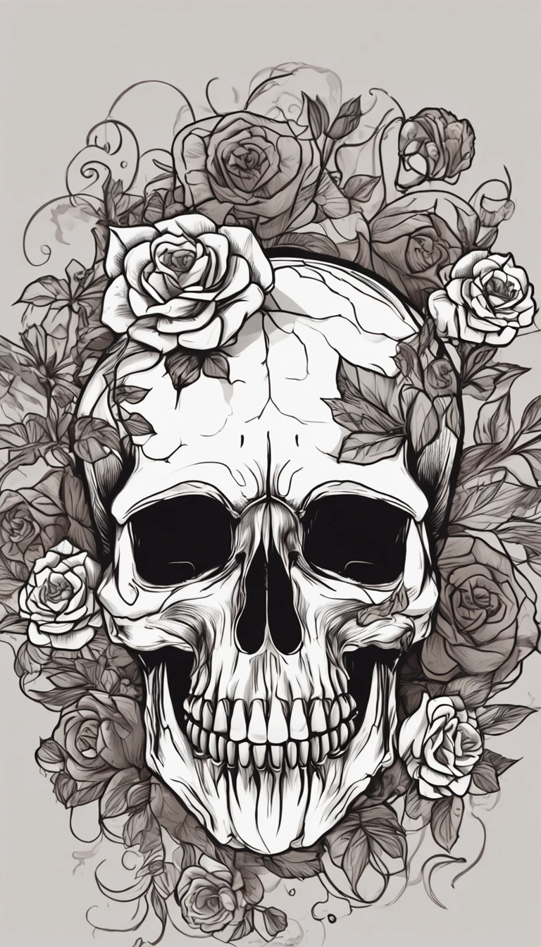 a closeup of a skull with flowers on it, fantasy skull, sacred skull, morphing skulls, ((skull)), death skull, skull tattoo, skull head, Tinta de caveira, skull like, skulls, sacred skulls, skull bones flowers, glass skull, skulls around, arte de fundo, skull face, Directed by: Derek Zabrocki, caveira, colour print