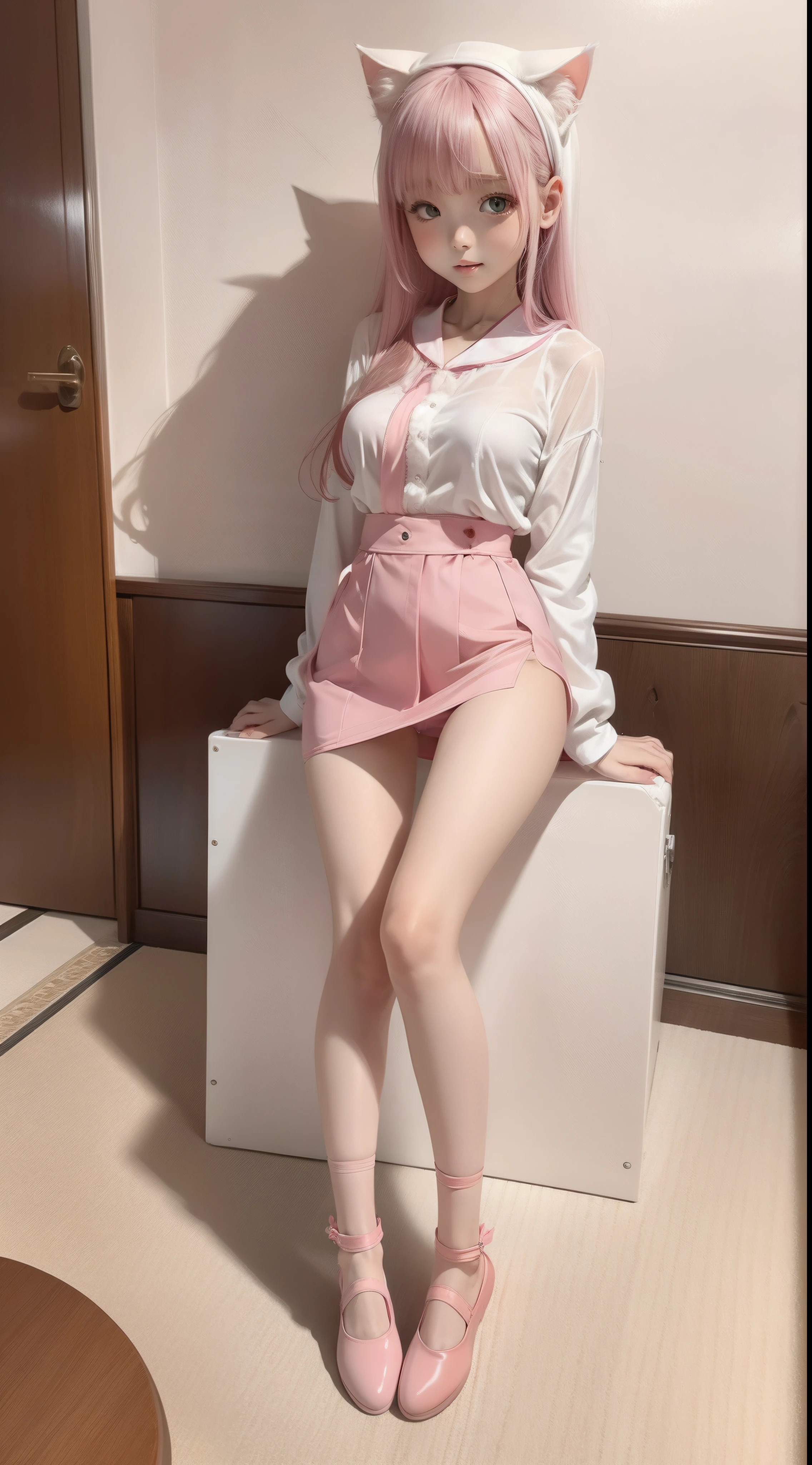 White silk cat-eared ,Long-legged jade feet,Pink miniskirt,Exposed breasts