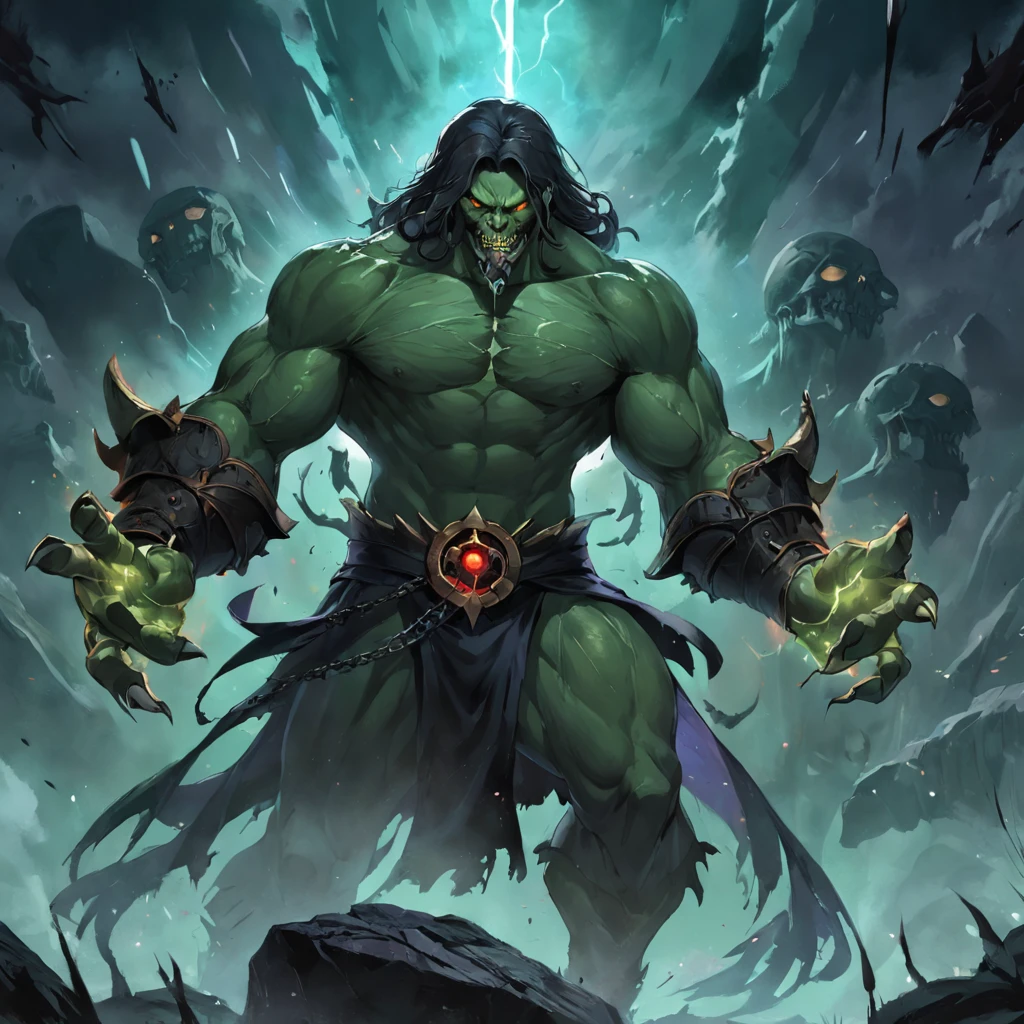 8-armed zombie, greenskin, brawny, glowing red eyes with long black hair held high in a fighting stance