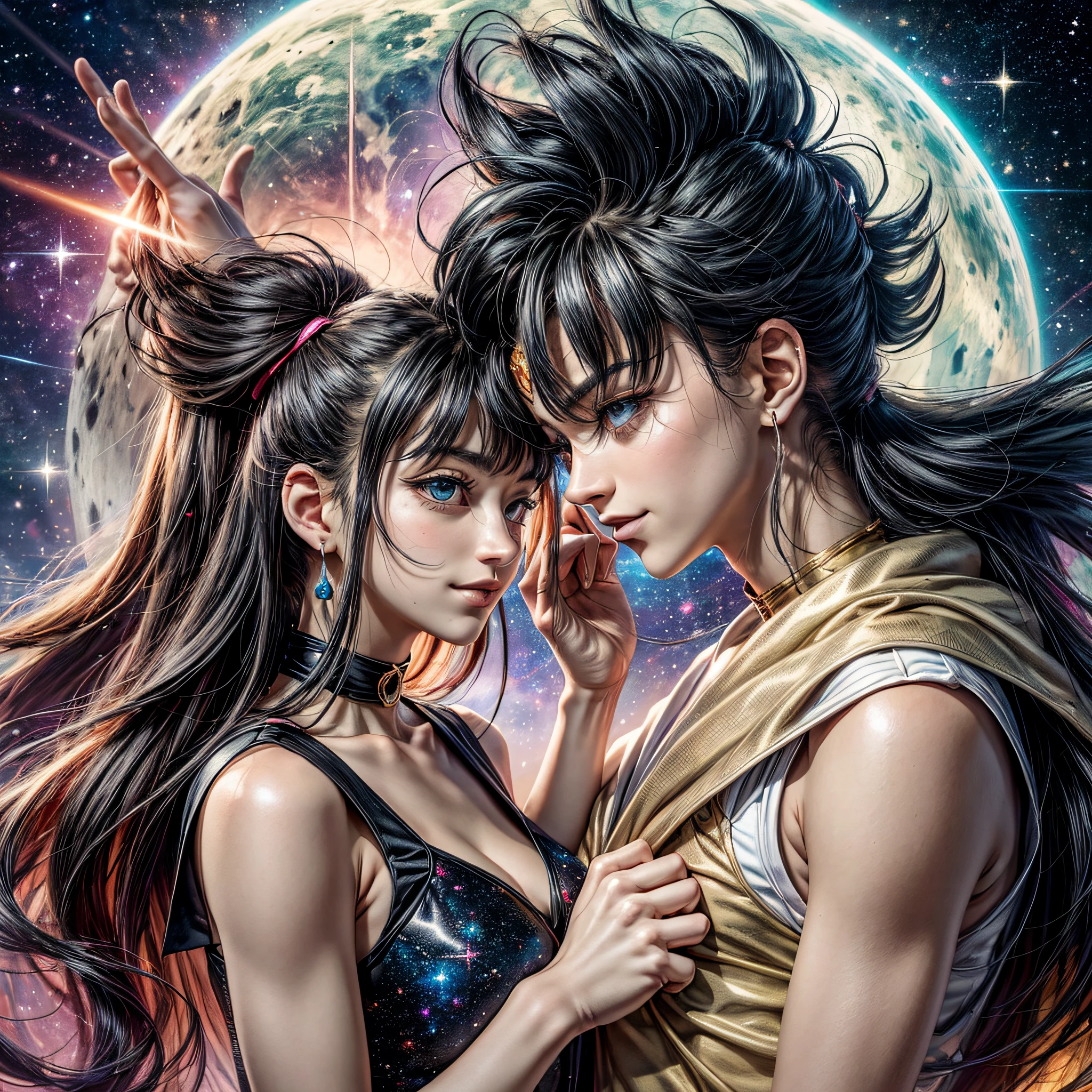 "Draw an image that features the characters Goku from 'Dragon Ball' and Sailor Moon from 'Sailor Moon' interacting amicably in a galactic backdrop. They should be smiling and greeting with their hands, as if they were greeting each other in a friendly interdimensional encounter. Be sure to capture the distinctive traits of each character and the magical brilliance of their respective series."