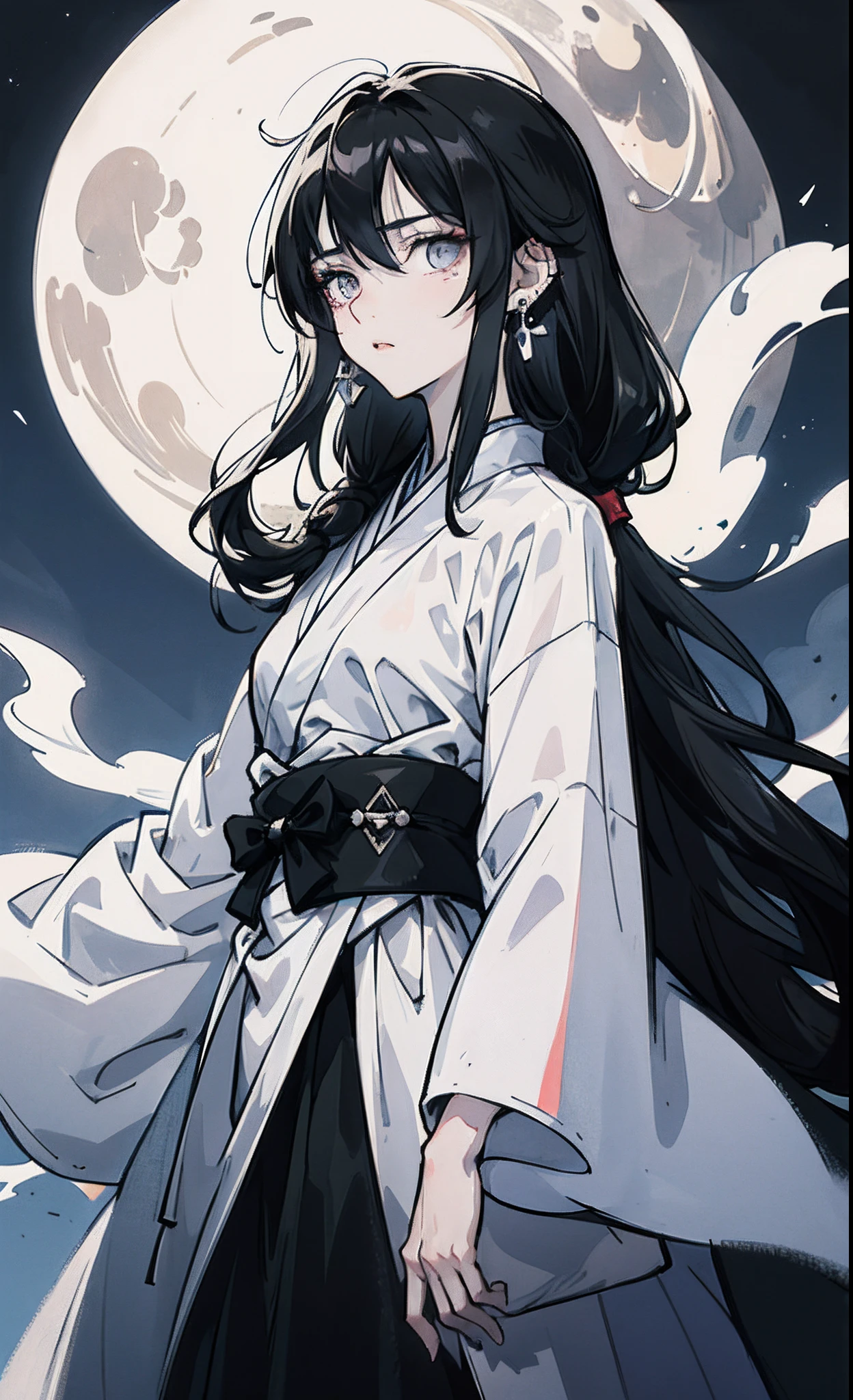 an anime guy with white waist-length hair, cold eyes that seem to see through the world, wearing a white hanbok with black textures, and mysterious black earrings like the night moon